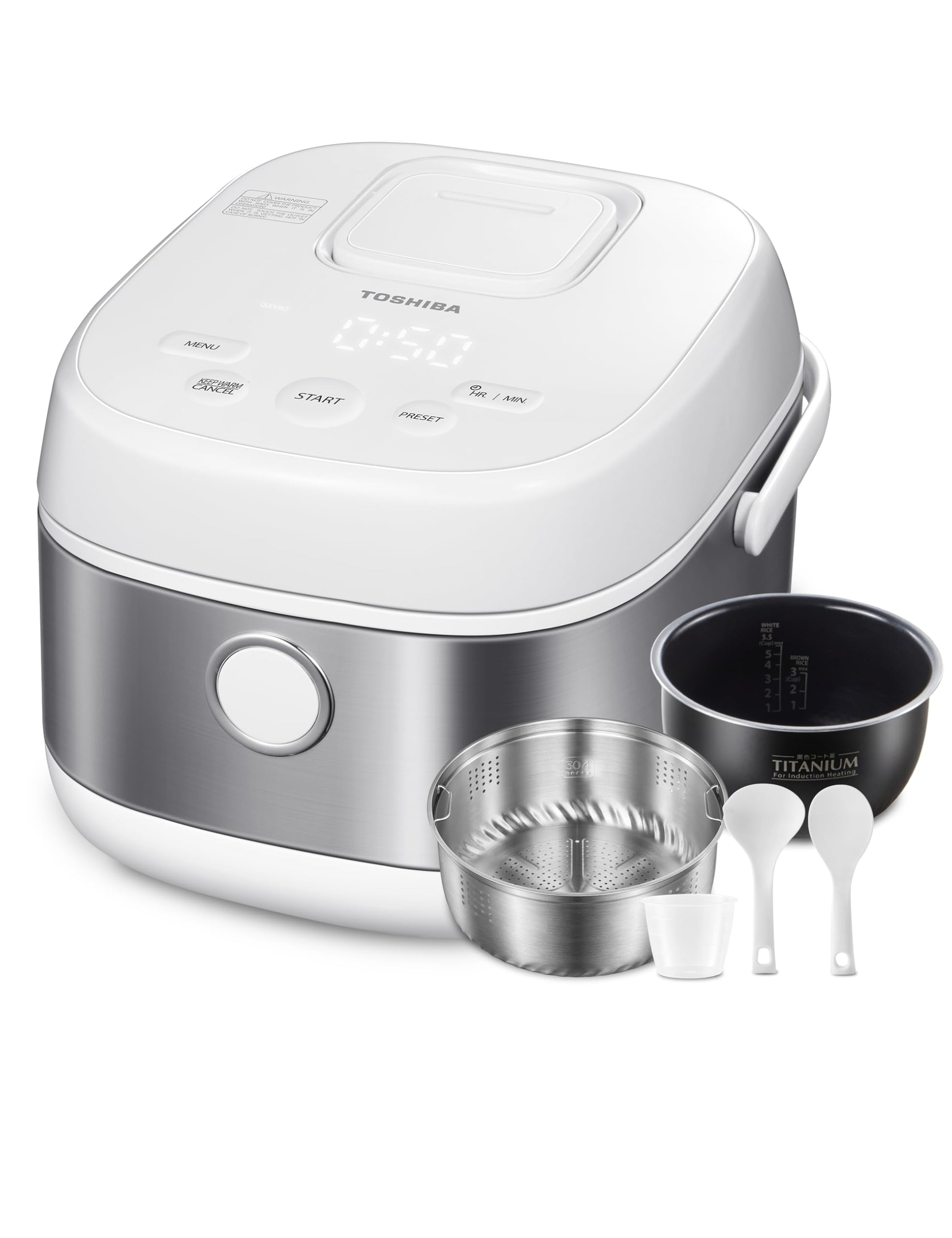 Olla de Arroz Toshiba Blanca con Calefacción por Inducción, Baja en Carbohidratos y Azúcar, Vaporizador Digital, 8 Funciones de Cocción, Temporizador de 24 Horas