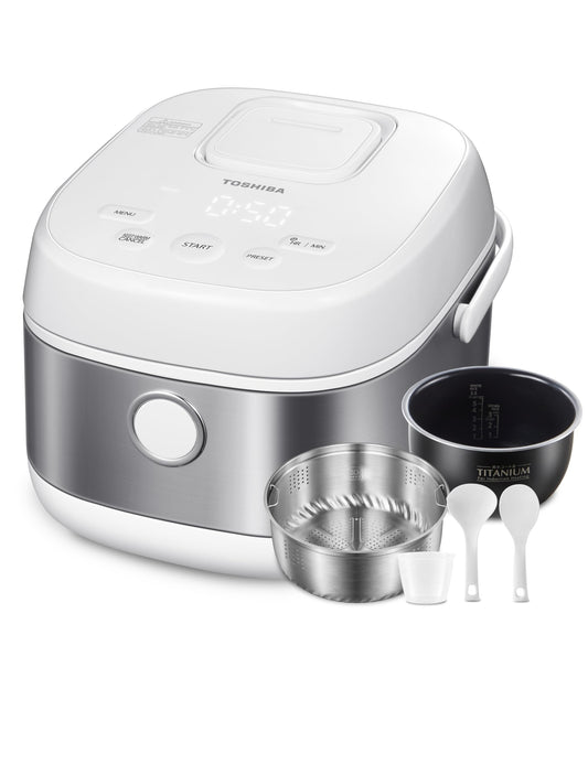Olla de Arroz Toshiba Blanca con Calefacción por Inducción, Baja en Carbohidratos y Azúcar, Vaporizador Digital, 8 Funciones de Cocción, Temporizador de 24 Horas