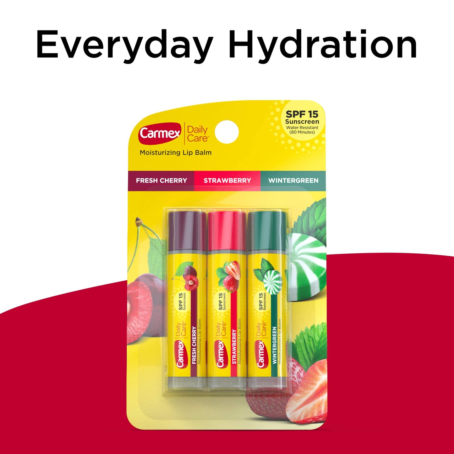 Carmex - Paquete de bálsamo labial hidratante para el cuidado diario, bálsamo labial con protector solar en cereza fresca, fresa y gaulteria, 0.25 onzas (paquete de 3)