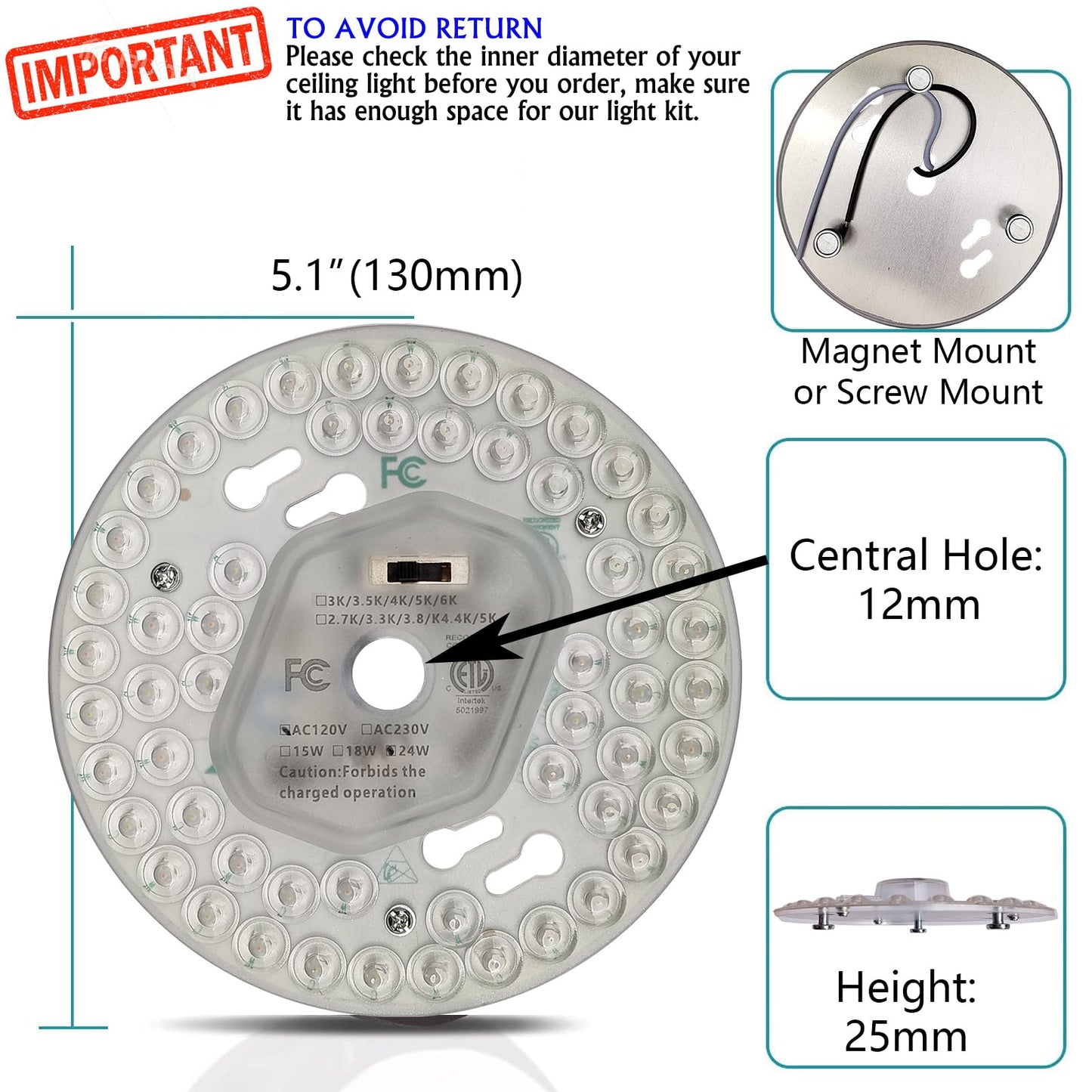 Kit de Iluminación Zhairdalstar Blanco LED para Ventilador de Techo 24 W Homologado por ETL