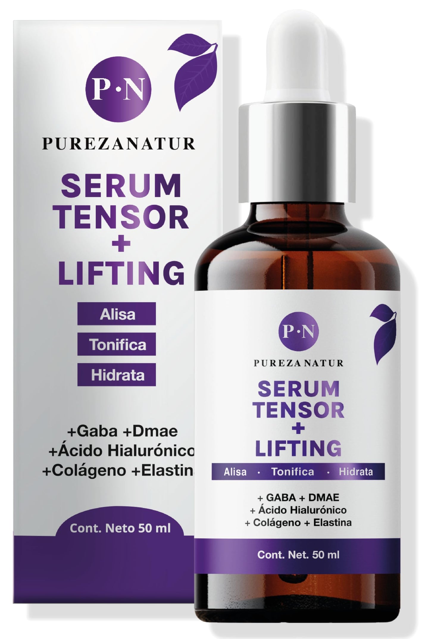 PUREZANATUR Suero facial Efecto Tensor Lifting con Gaba Y DMAE + Acido hialurónico, colágeno y elastina | Serum hidratante que aporta elasticidad 50ml (50ml)