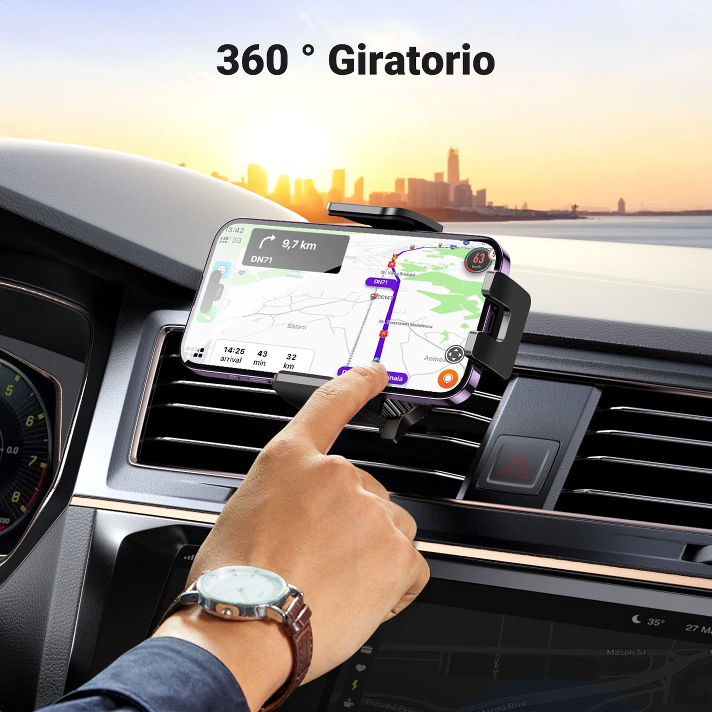 Soporte Celular Automóvil UGREEN Negro Giratorio 360° para iPhone y Galaxy