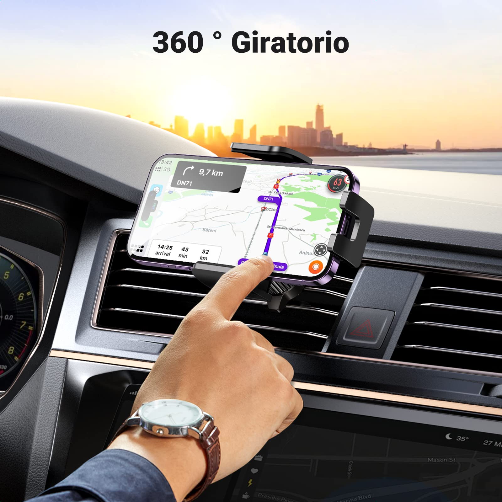 Soporte Celular Automóvil UGREEN Negro Giratorio 360° para iPhone y Galaxy