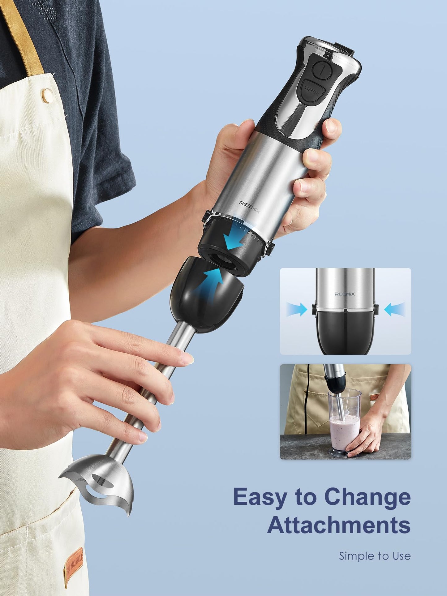 Licuadora de inmersión manual 5 en 1, de mano de 1000 W, con motor de cobre, barra de hoja de acero inoxidable, vaso de mezcla, procesador de alimentos, batidor, espumador de leche para batidos, puré