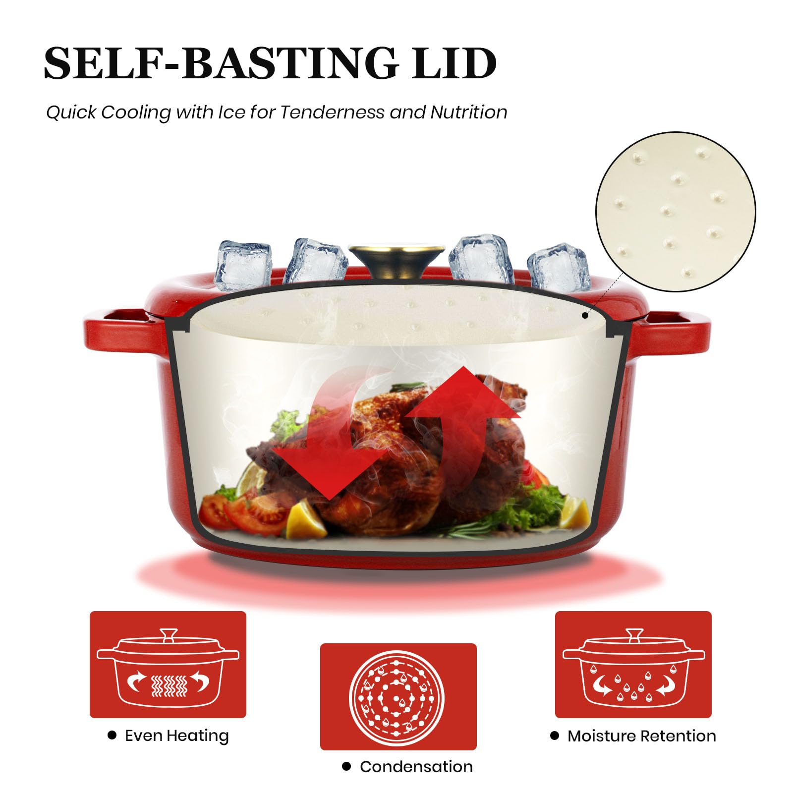 Overmont Cacerola de hierro fundido esmaltado, 26 cm, apta para horno, con tapa y libro de cocina, para asar, cocina, hornear, estofar, color rojo