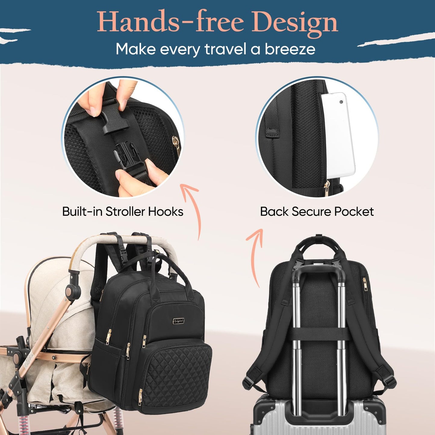 Qualyphant - Mochila de pañales extra grande para 2 niños gemelos (Expandible de 30-38L) - Mochila de viaje para bebé con cambiador para mamá o papá (Acolchada, resistente al agua, color negro)