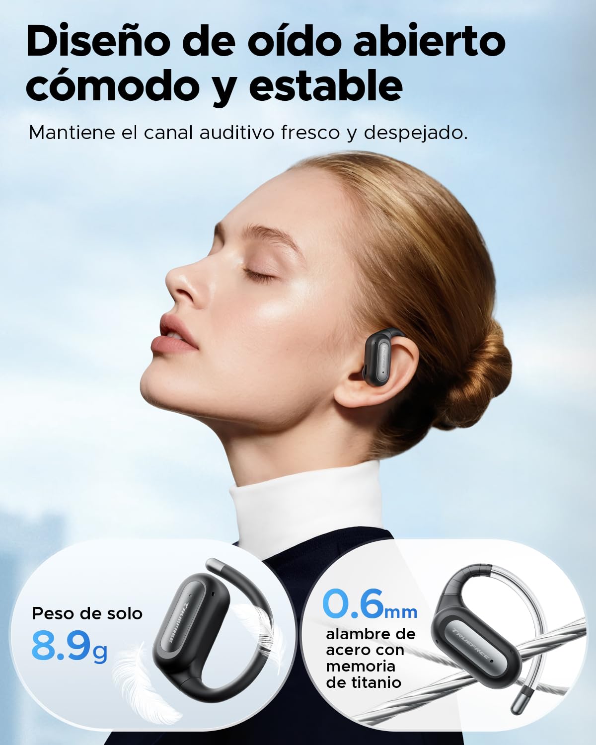 Audífonos Inalámbricos truefree Bluetooth 6.0 Negro Open-Ear con ENC y Carga Rápida para Hombre Mujer
