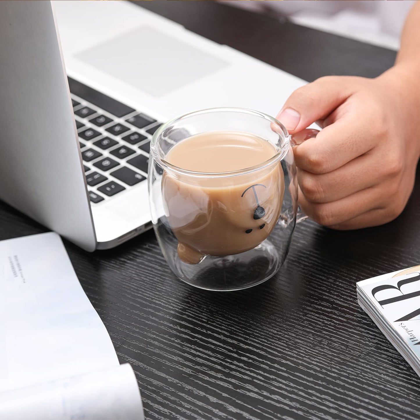 Juego de Tazas de Oso Lindo de Vidrio Transparente Doble Pared 8.5 oz