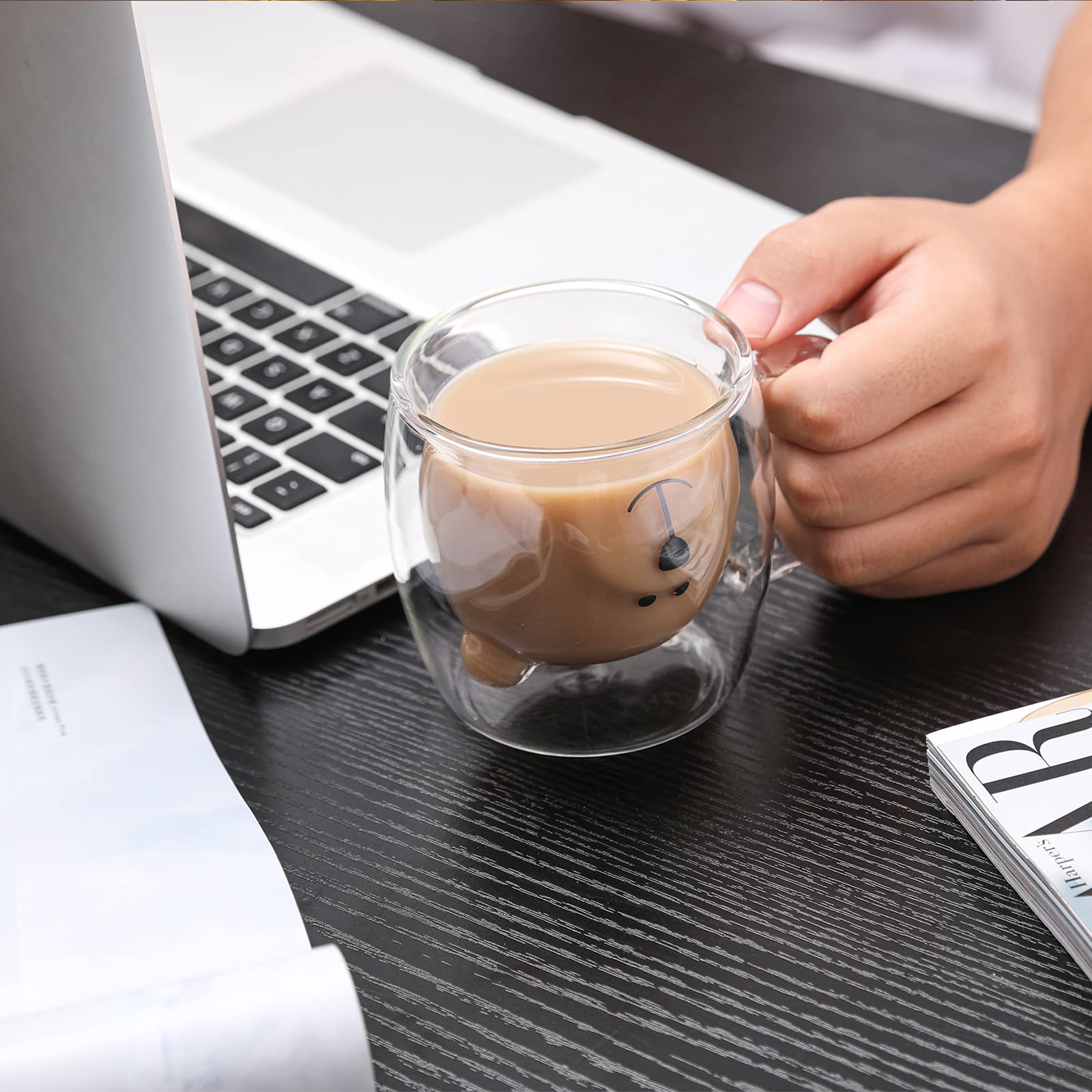Juego de Tazas de Oso Lindo de Vidrio Transparente Doble Pared 8.5 oz
