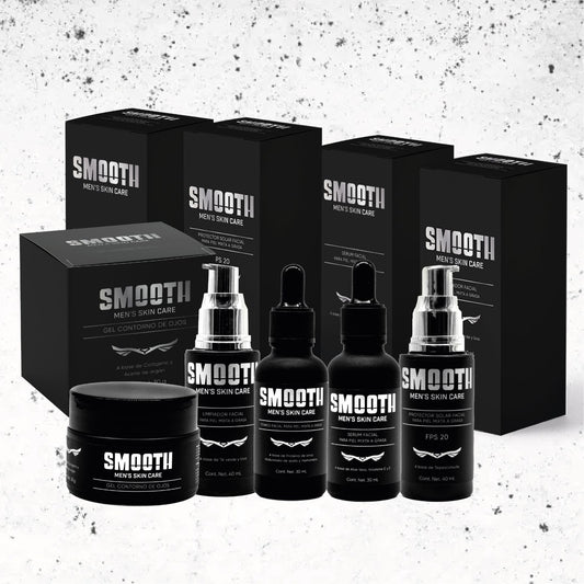 SMOOTH Kit Definitivo de Cuidado Facial Para Hombres: Todo lo que tu piel necesita | 5 productos: Limpiador de Té verde, Tónico de Hialurónato de Sodio, Sérum de Vitamina C, Gel Contorno de ojos de Cólageno, Protector solar de Tepezcohuite | Logra una pie