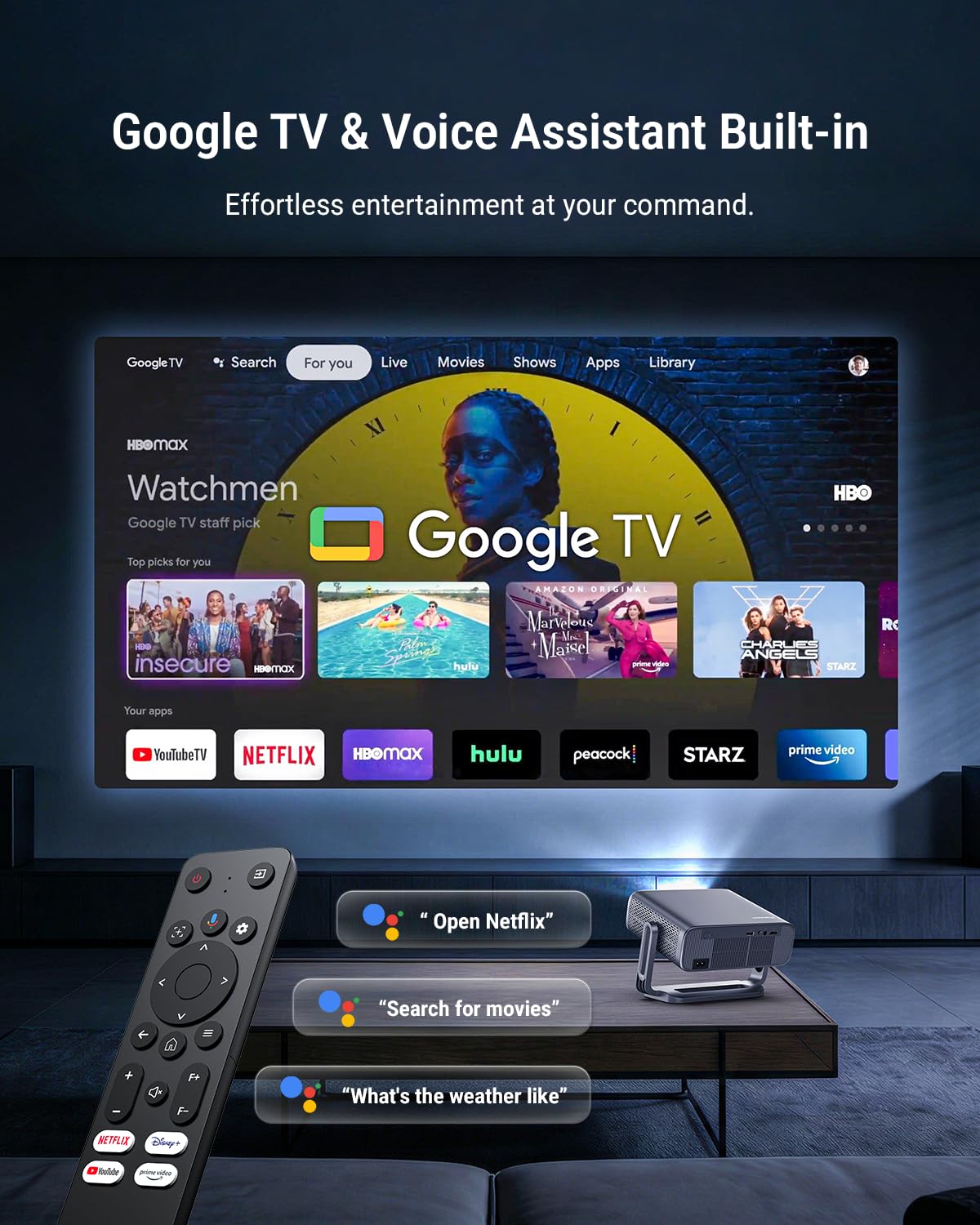 Proyector inteligente 4K [incluido con Google TV Stick]con WiFi y Bluetooth, 2500ANSI, tapa de lente automática, proyector portátil de películas para exteriores con aplicaciones incorporadas, enfoque