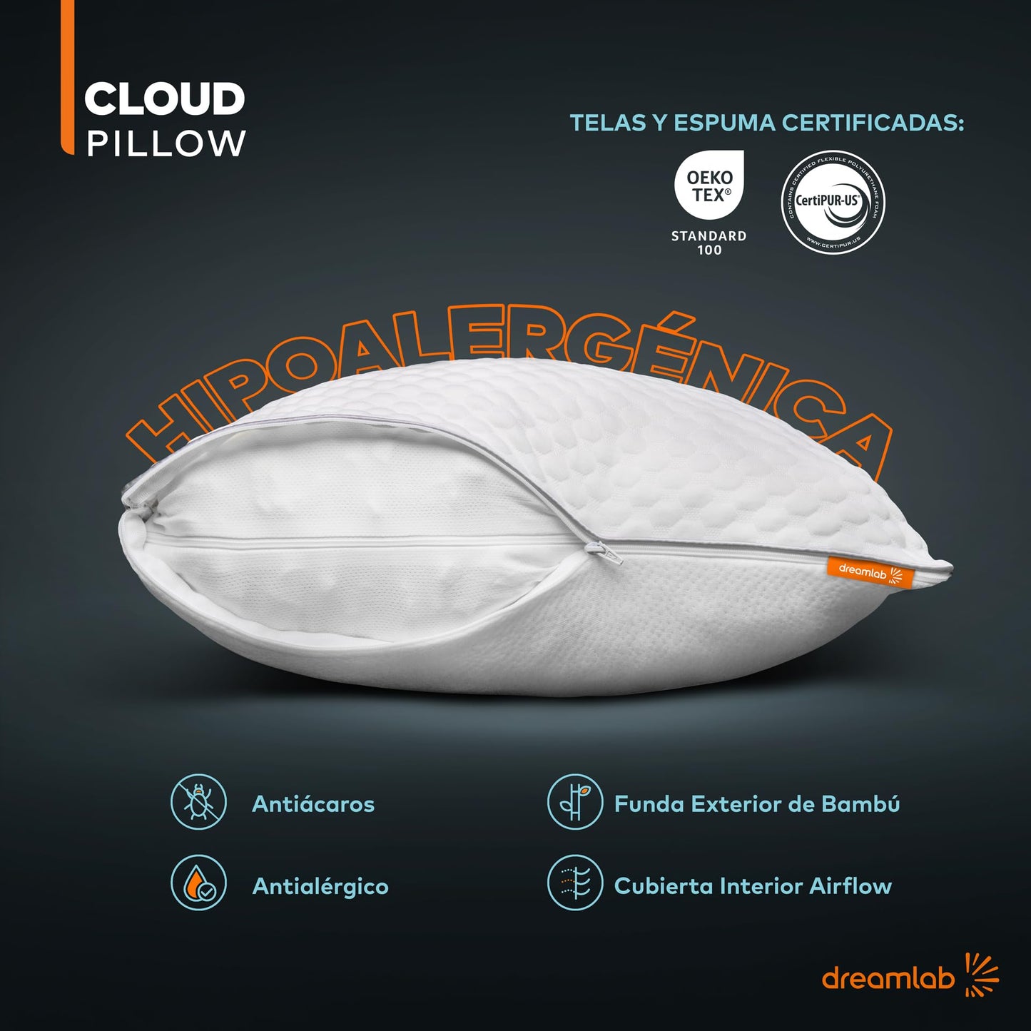 Almohada Dreamlab Blanca con Altura Ajustable y Memory Foam Hipoalergénica Tamaño King Size