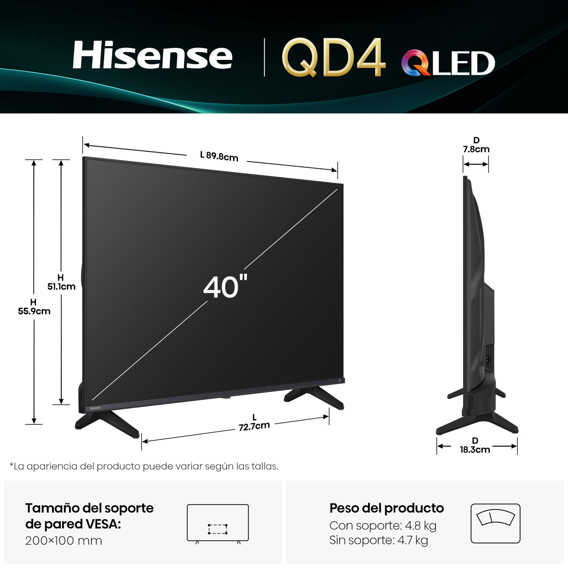 Hisense Television QD4QFM(Modelo 2025) Pantalla 40 Pulgadas, Smart Fire TV FHD,Color QLED,Modo de Juego,Dolby Audio,Comparte en tu TV,Reducción de Ruido