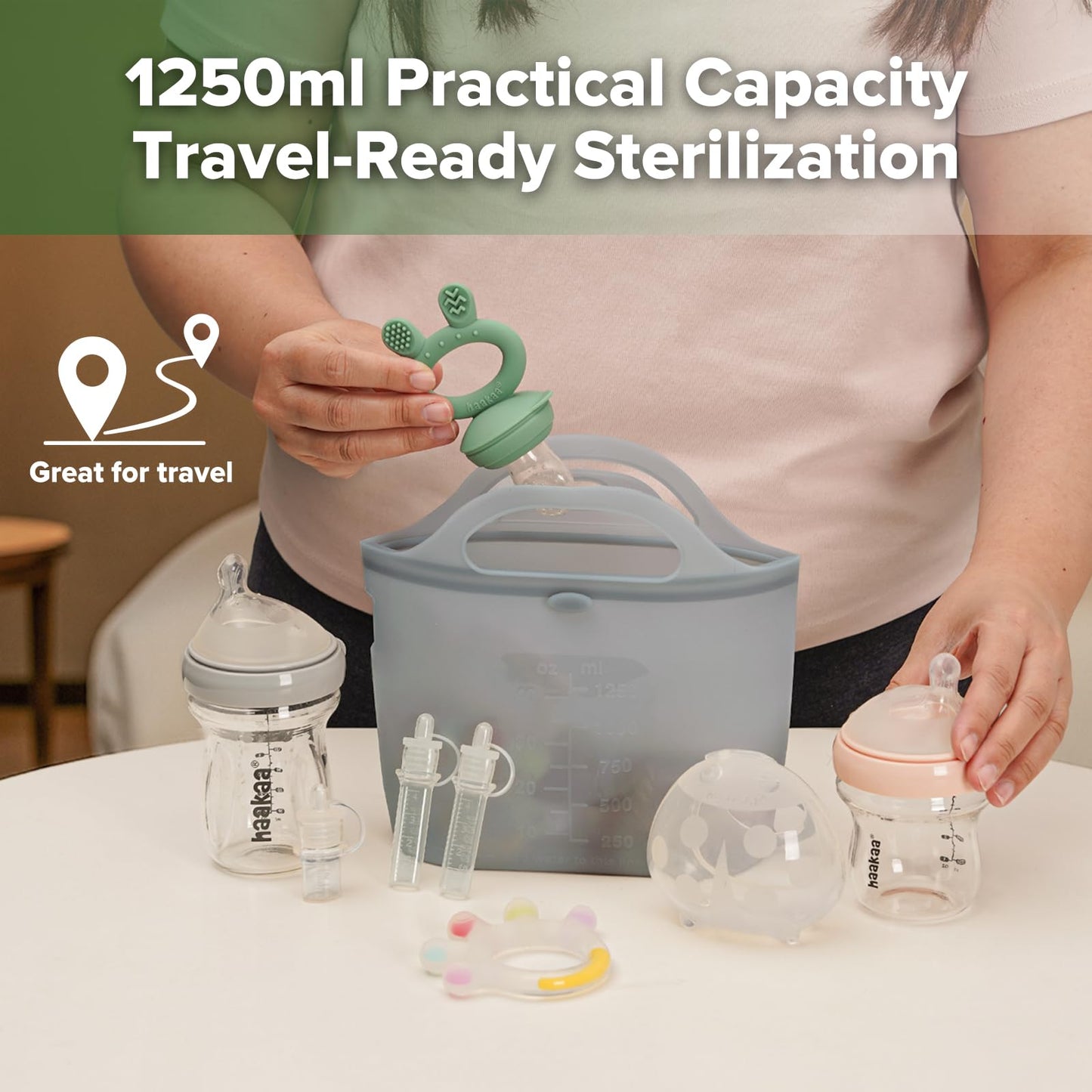 Haakaa On-The-Go Bolsas esterilizadoras de vapor de silicona para viajes, bolsas de silicona reutilizables de 40 oz/1250 ml para biberones, extractor de leche, accesorios, chupetes, mordedores, gris/2
