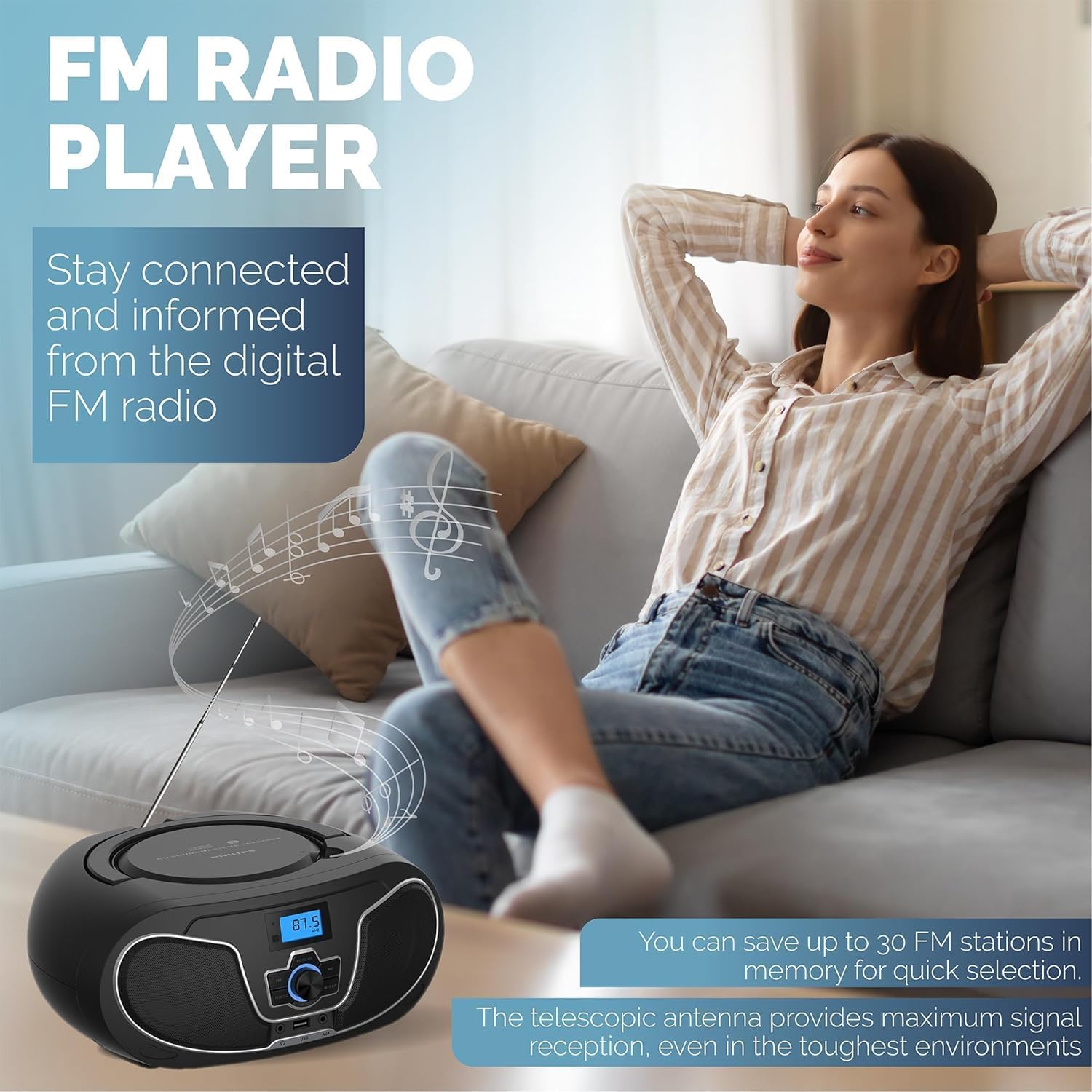 Philips Reproductor de CD Boombox, refuerzo de graves dinámico con Bluetooth, radio FM, reproducción USB y entrada AUX, Boombox portátil de carga superior, sonido estéreo claro, compatible con RW/MP3