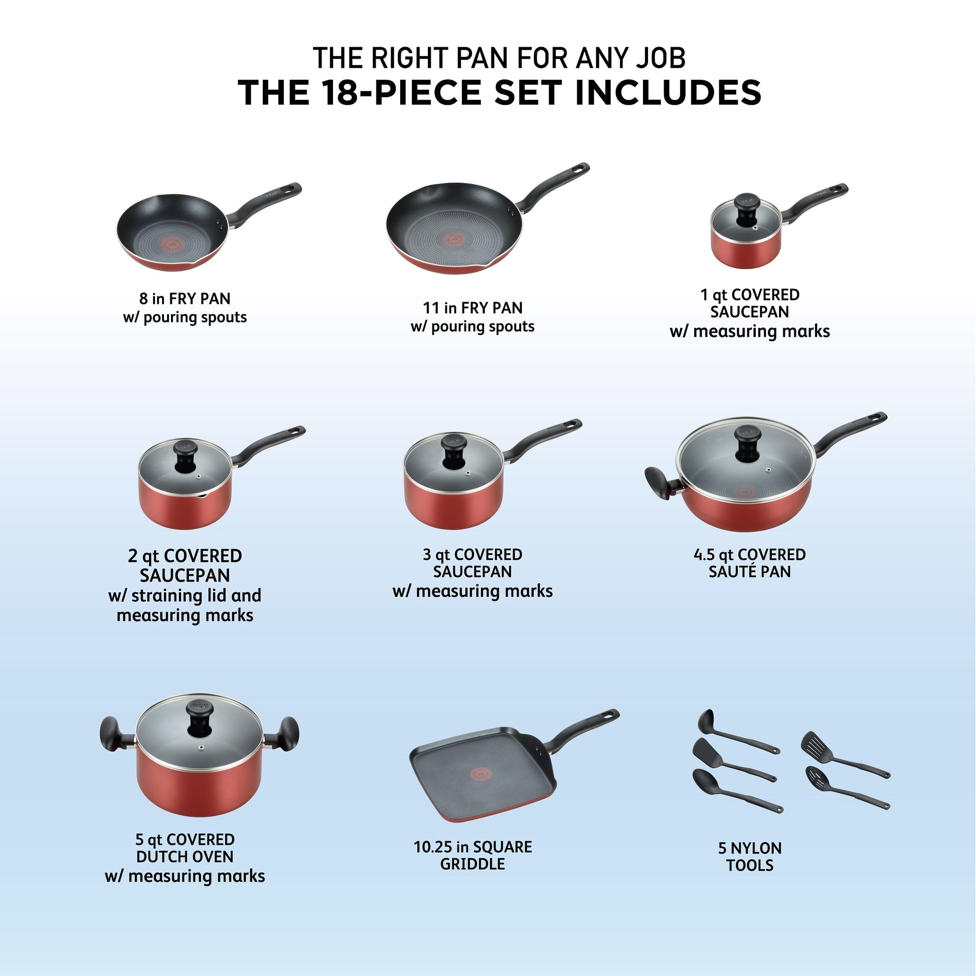 Batería de Cocina T-Fal Roja antiadherente sin aceite 18 Piezas