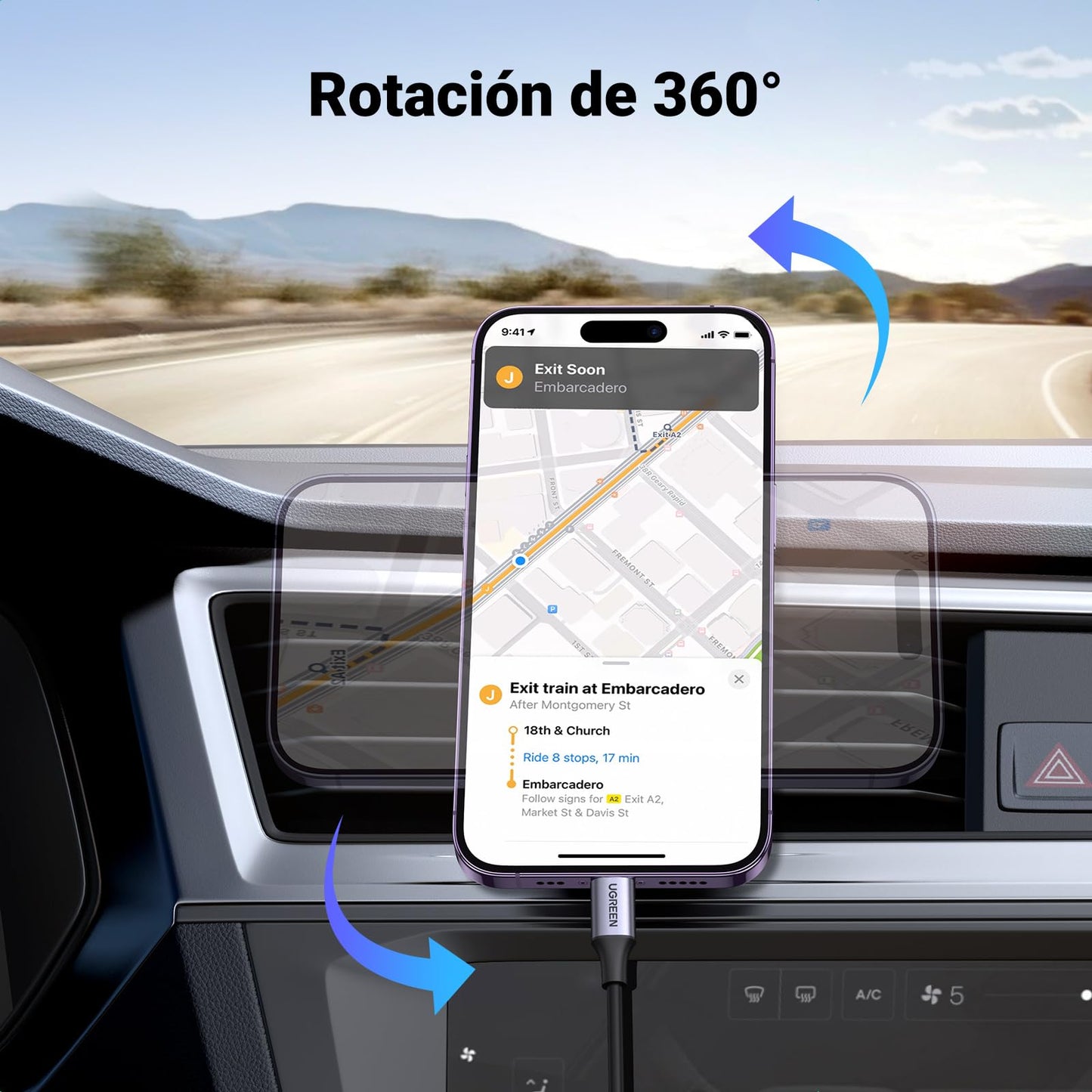 Soporte Celular UGREEN Negro Magnético para Automóvil con Gancho para iPhone 16 15 14 13 y Otros Modelos