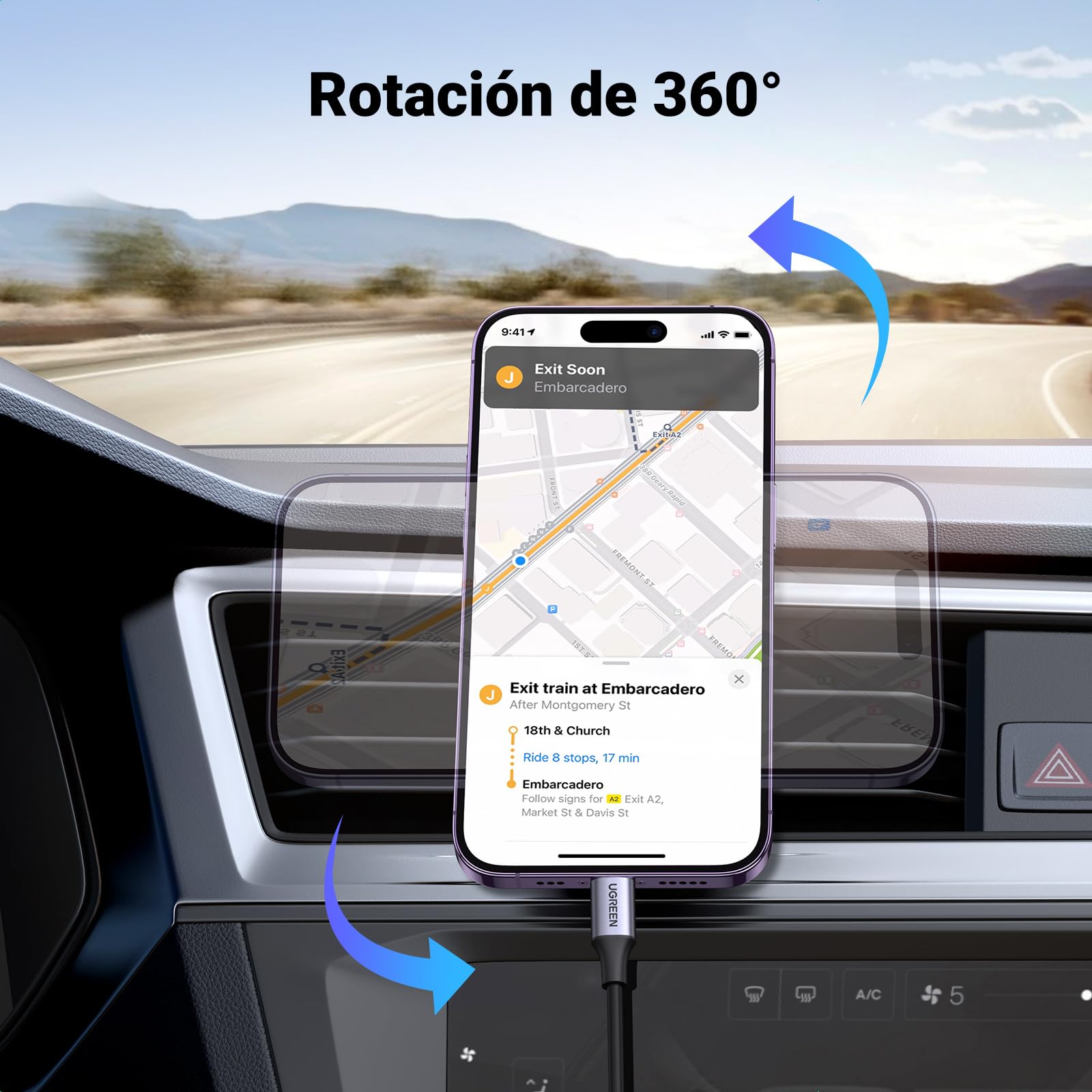Soporte Celular UGREEN Negro Magnético para Automóvil con Gancho para iPhone 16 15 14 13 y Otros Modelos