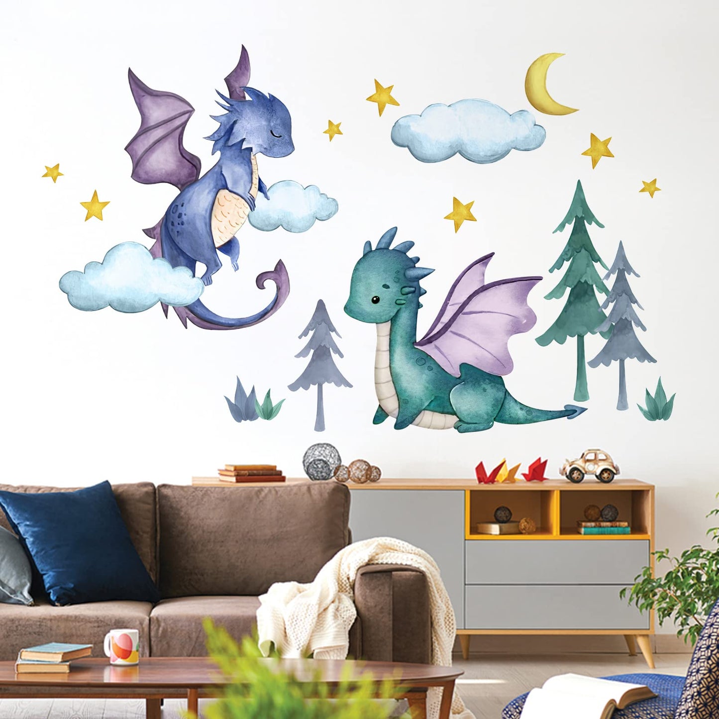 Yovkky Calcomanías de Pared de Dragón Bebé, Luna Estrellas Nubes Bosque Guardería Sala de Juegos Decoración, Habitación de Niños Decoraciones del Hogar Arte de Recámara de Niños Varones