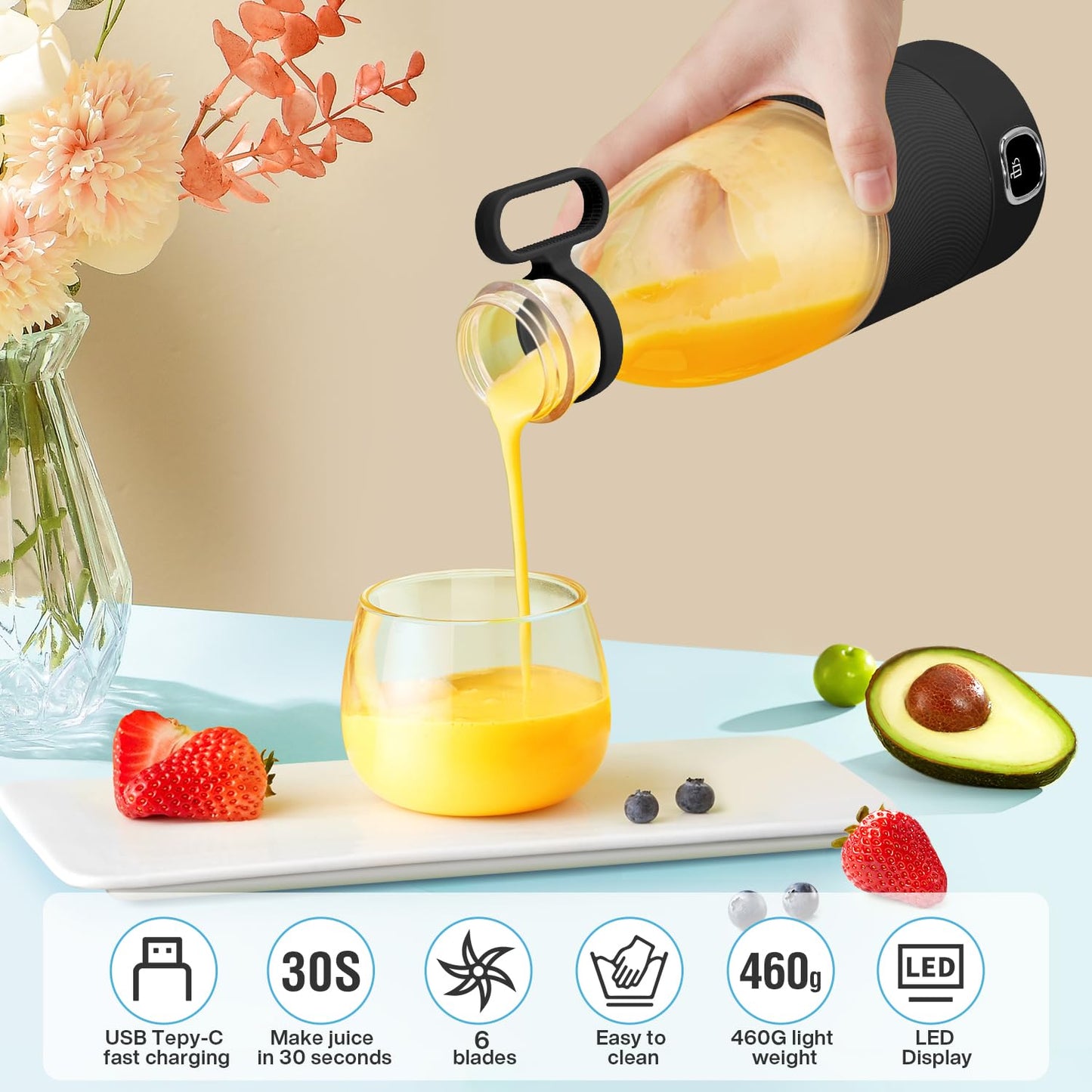 Licuadora Portátil MIAOKE Verde 6 Cuchillas con Pantalla LED Recargable USB para Deportes y Viajes