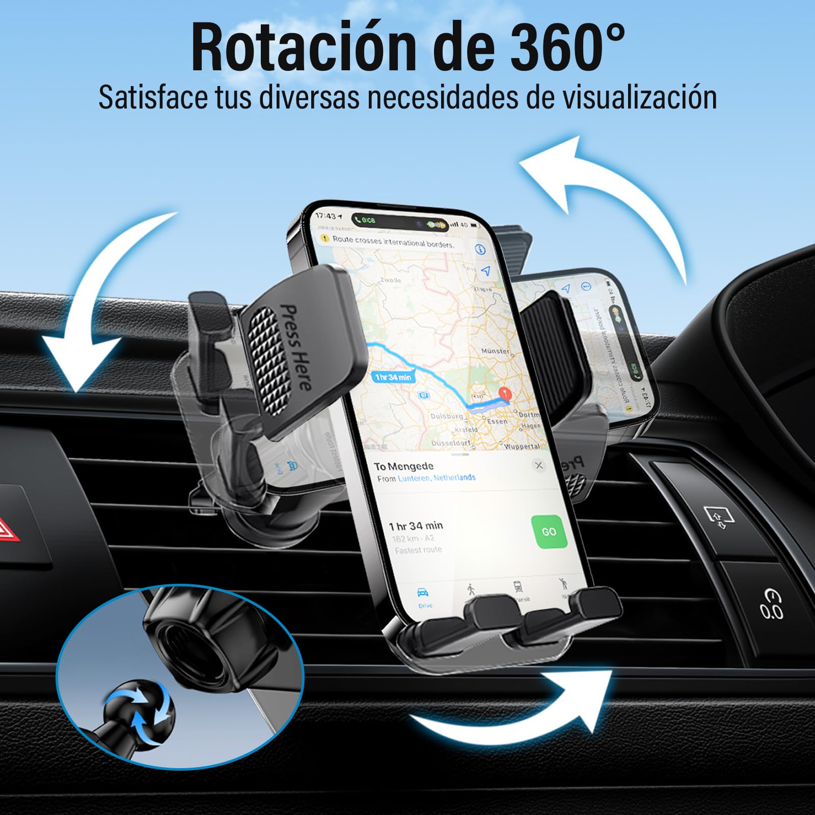 KIROGILY Soporte para Celular Automovil, Porta Celular para Auto de 360°, Uso con Una Mano, Soporte Celular Auto para Rejillas de Ventilación, Compatible con la Mayoría de Los Teléfonos Inteligentes