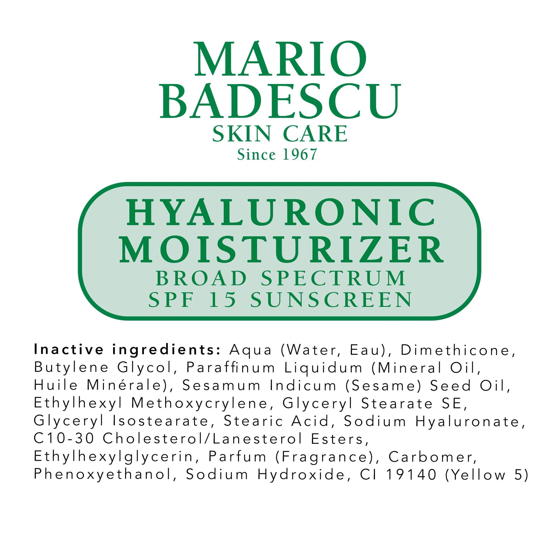 Mario Badescu Hidratante facial hialurónico para mujeres y hombres con SPF 15, hidratante facial ideal para piel mixta, seca o sensible, crema facial hidratante con aceite de semillas de sésamo, 59 ml