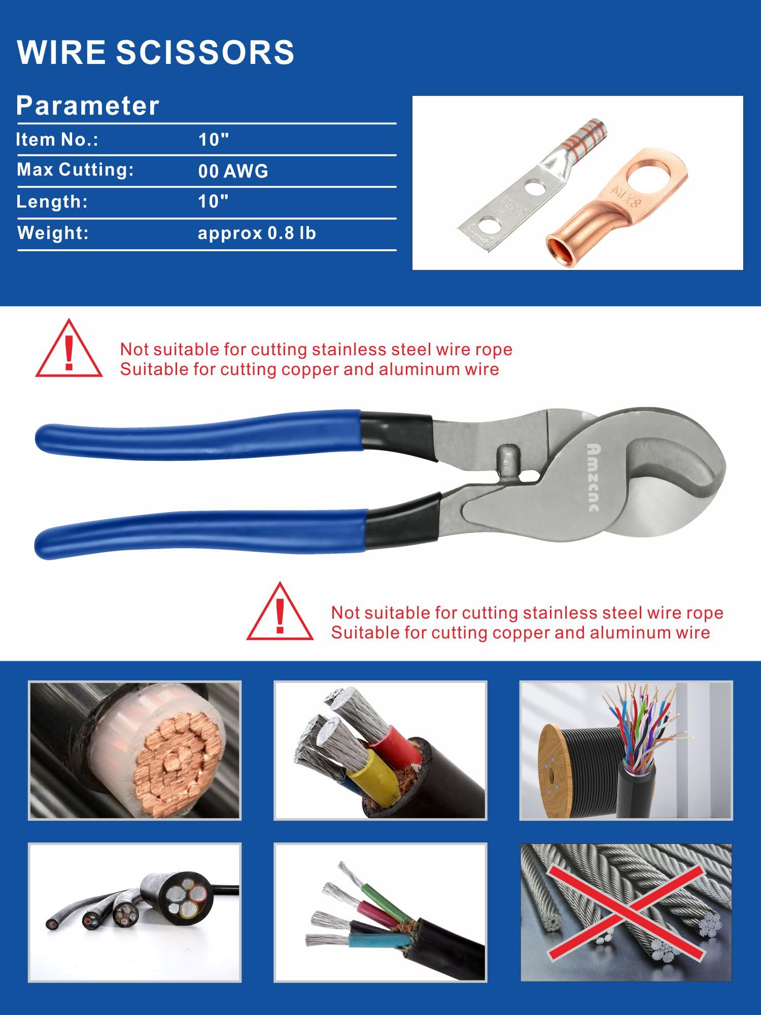 Herramienta de Prensado Hidráulico AMZCNC Azul con Cortador de Cables 8 Toneladas 12 AWG a 00 (2/0) para Terminales