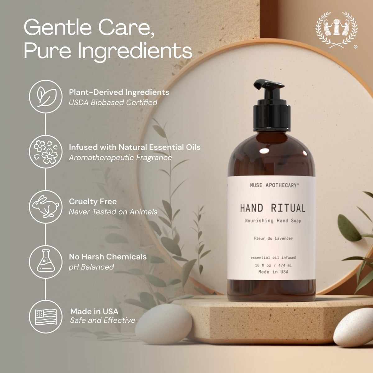 Muse Apothecary Hand Ritual – Jabón de manos aromático y nutritivo, infundido con aceites esenciales naturales de aromaterapia, certificado USDA, base biológica, 16 onzas, flor de lavanda, paquete de