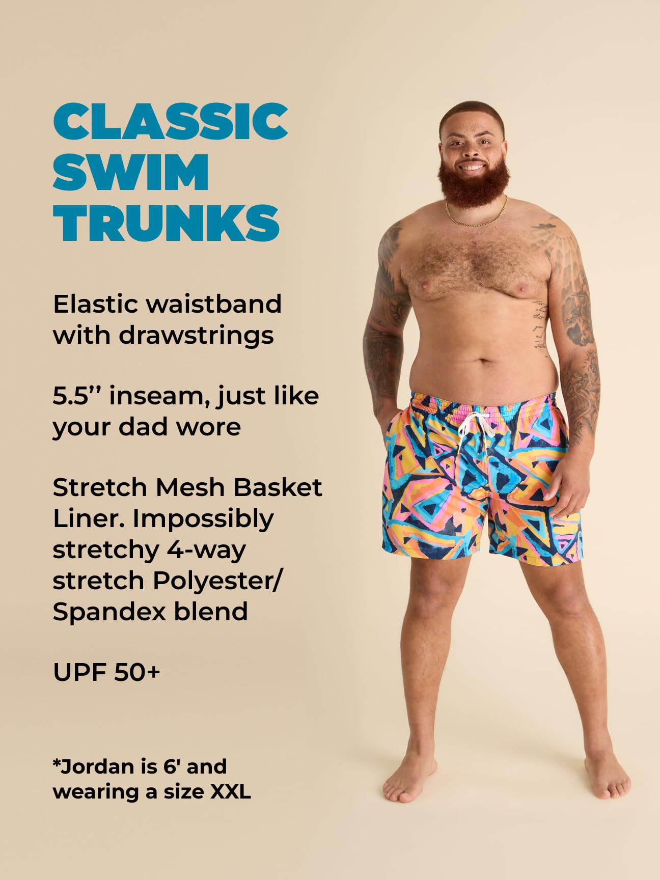 Chubbies Bañadores para hombre – Bañadores para hombre con elasticidad en 4 direcciones, pantalones cortos de playa de 5.5” con cintura elástica, cordón ajustable, forro de malla, UPF 50+ (Nachos expl