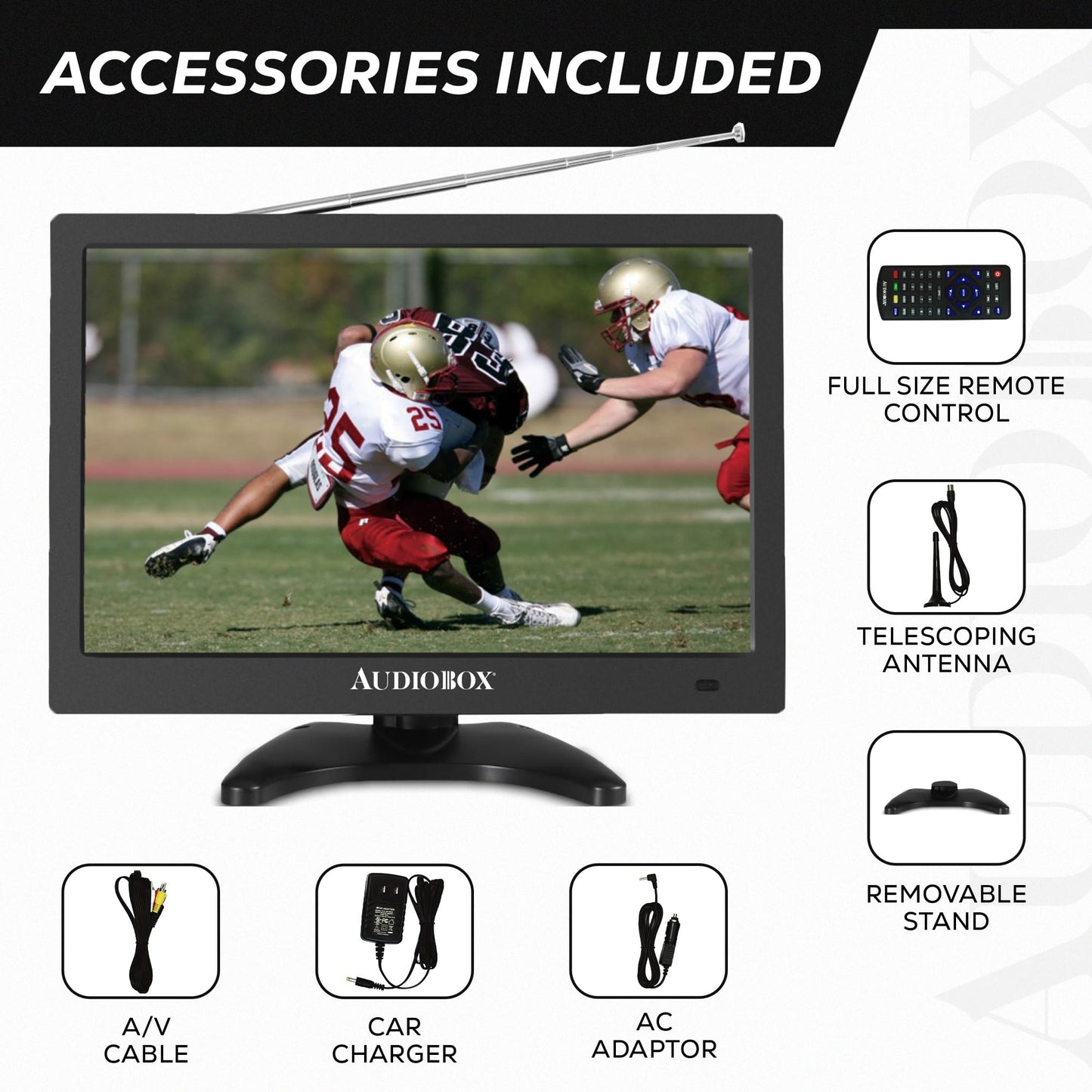 Audiobox - TV portátil de 13 pulgadas | HDMI, VGA, A/V, entradas USB/SD | Salida de 3,5 mm, CA/CC | Incluye: mando a distancia, cargador de coche, adaptador de CA, cables A/V y antena