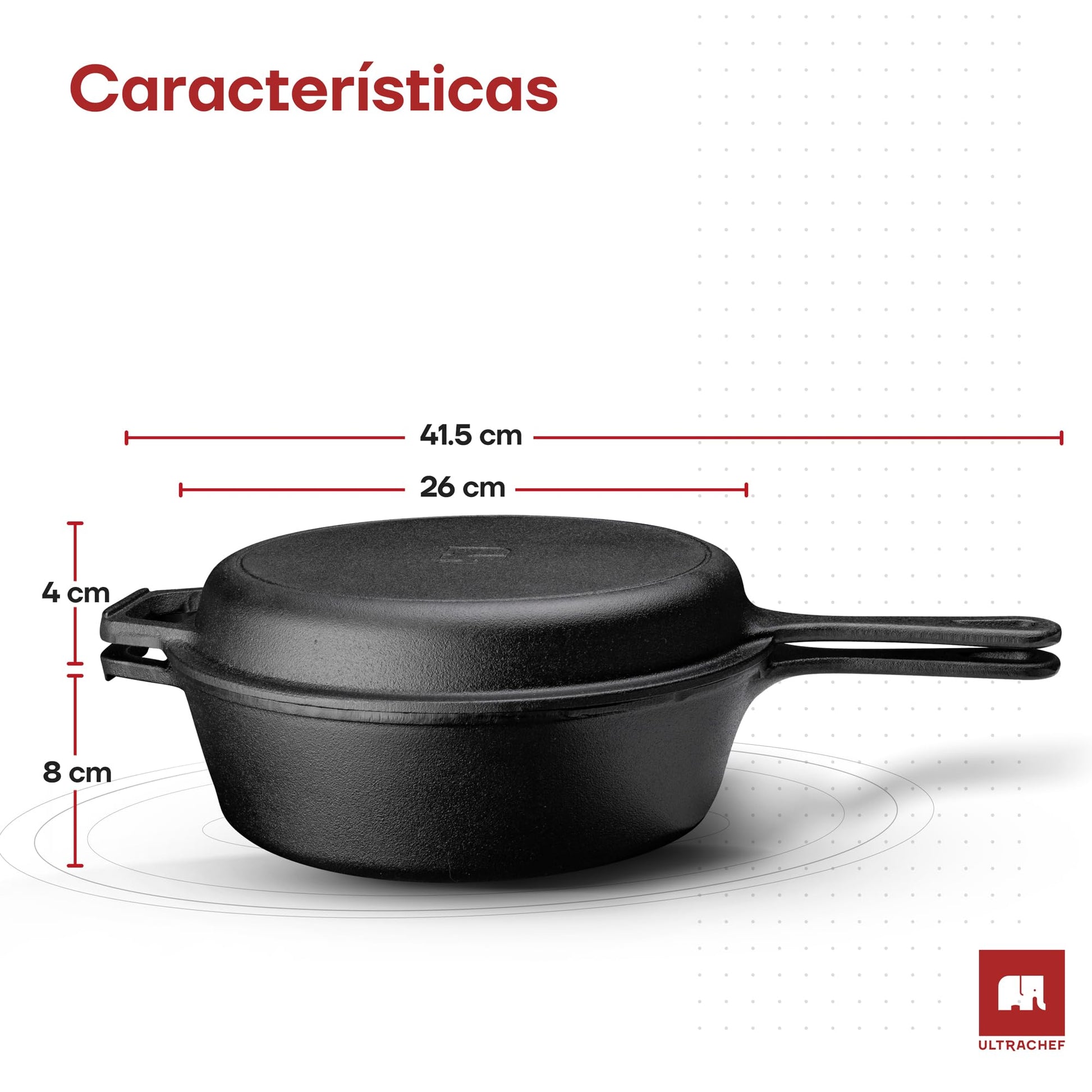 ULTRACHEF Olla de Hierro Fundido 2 en 1 para Estufa y Horno | Horno Holandés y Sartén de Hierro Fundido con Asa y Mango | Dutch Oven | Tamaño 26 cm, Capacidad 2.8 Litros