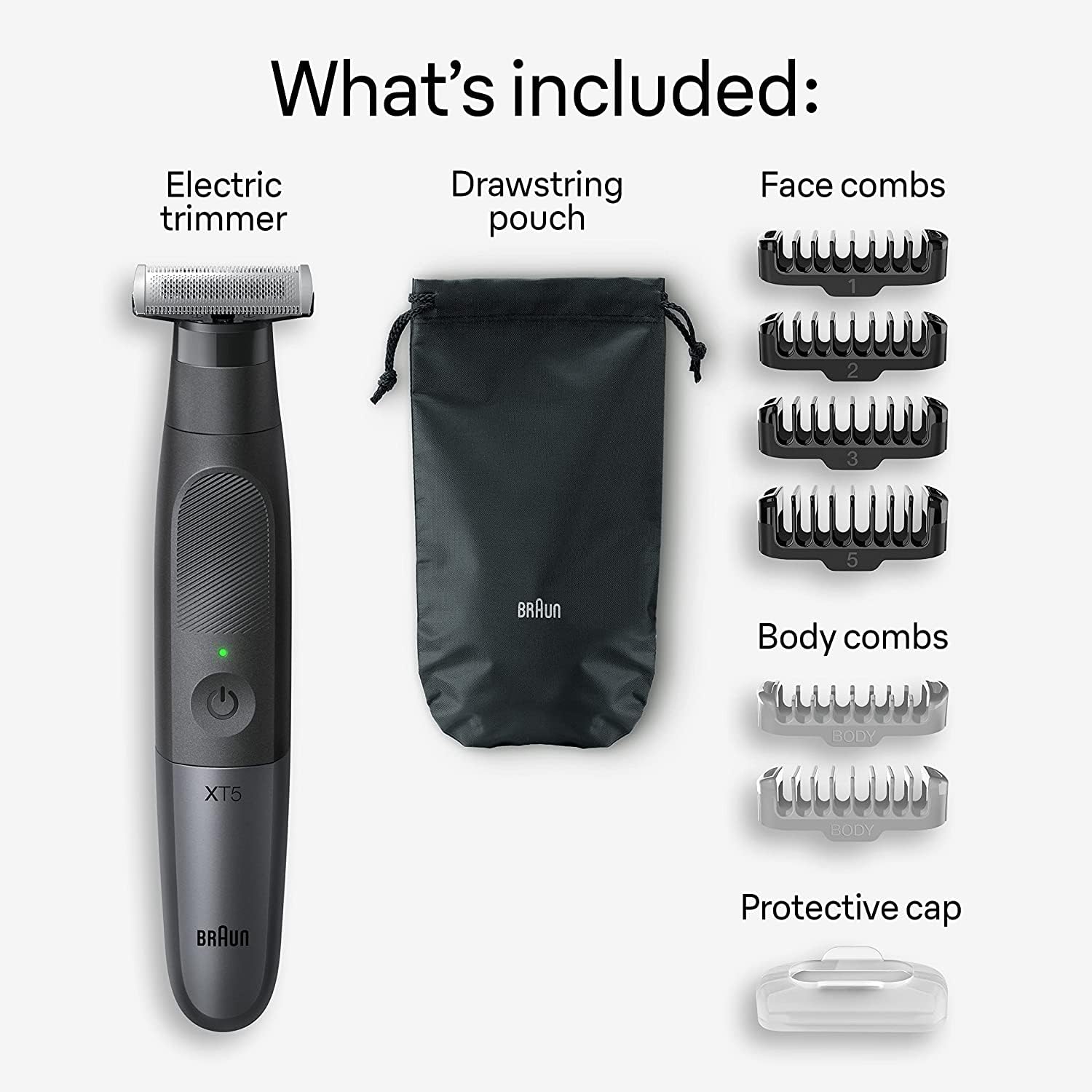 Braun Serie XT5 - Cortadora de barba, afeitadora y maquinilla de afeitar eléctrica para hombres, kit de aseo corporal para manicura, una hoja duradera, una herramienta para barbilla, cabello, ingle, axilas, XT5100