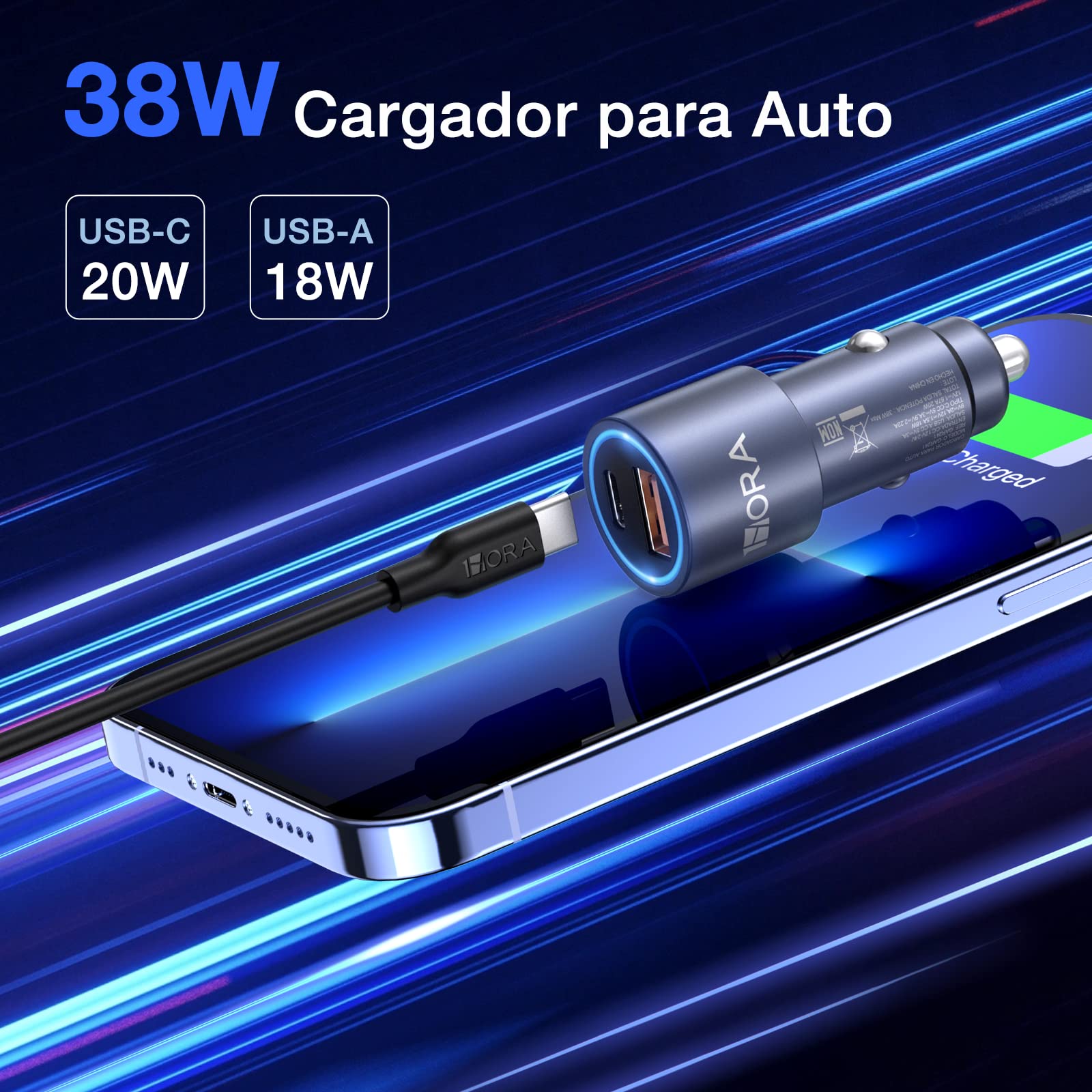 1 Hora Cargador Auto Carga Rapida 38W, Cargador Carro Tipo C PD 20W y QC 3.0 18W con Cable USB C a USB C 3A Compatible con IP 14/13/12 Pro MAX XR Samsung Galaxy S23 S22 S21 Motorola Xiaomi