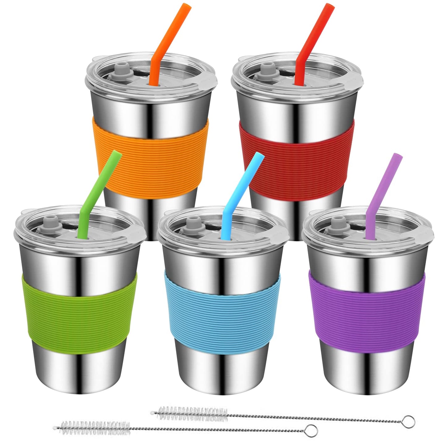 Rommeka - Copas para niños pequeños con pajitas, 18/8 de acero inoxidable, 5 unidades de 350 ml, apilables y reutilizables