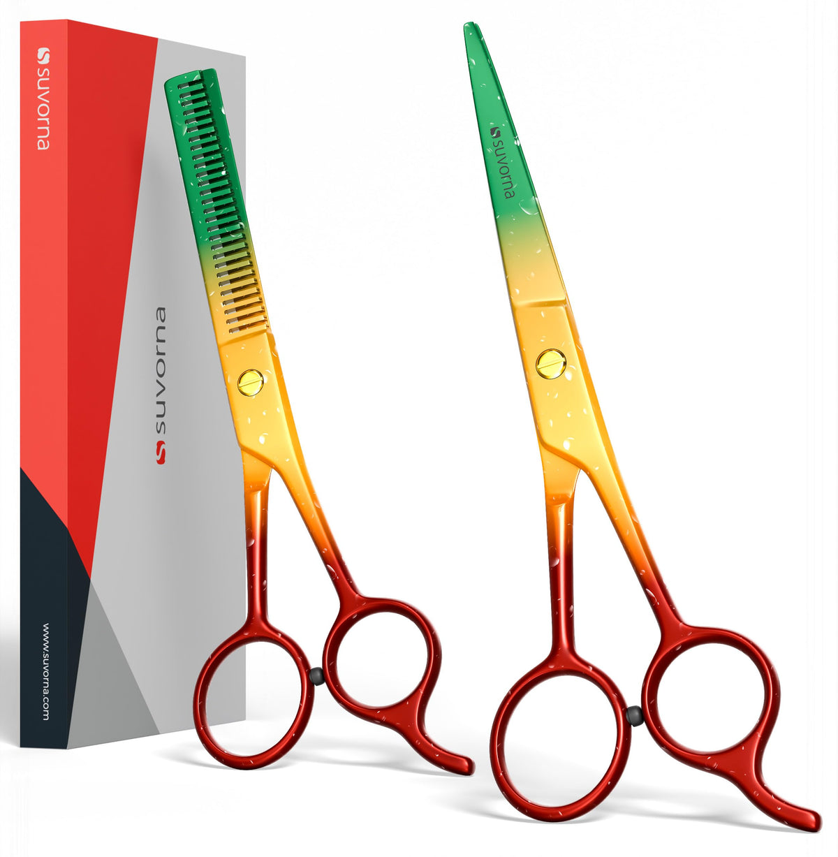 Suvorna Juego de tijeras de corte de pelo de 6,5 pulgadas con tijeras de adelgazamiento para peluquero y uso doméstico – Juego de tijeras de pelo para adelgazar y cortar (rojo, amarillo y verde)