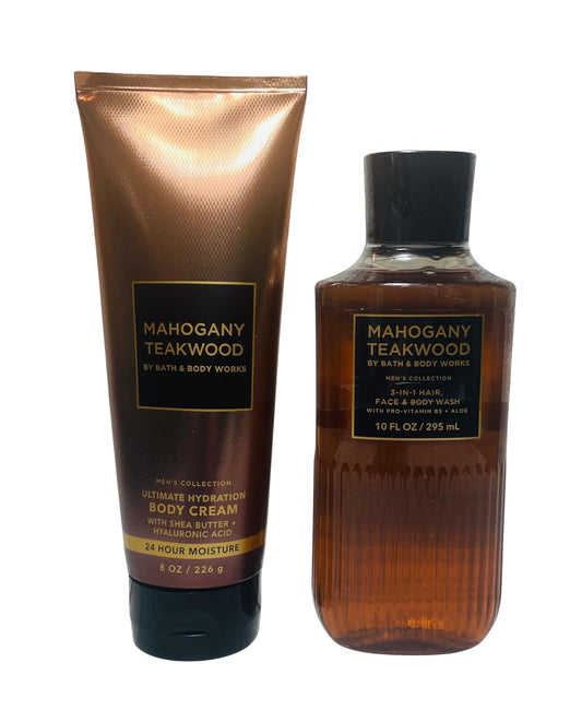 Jabón para el cabello, rostro y cuerpo 3 en 1 y crema corporal para hombres en madera de teca y caoba, juego de 2 piezas
