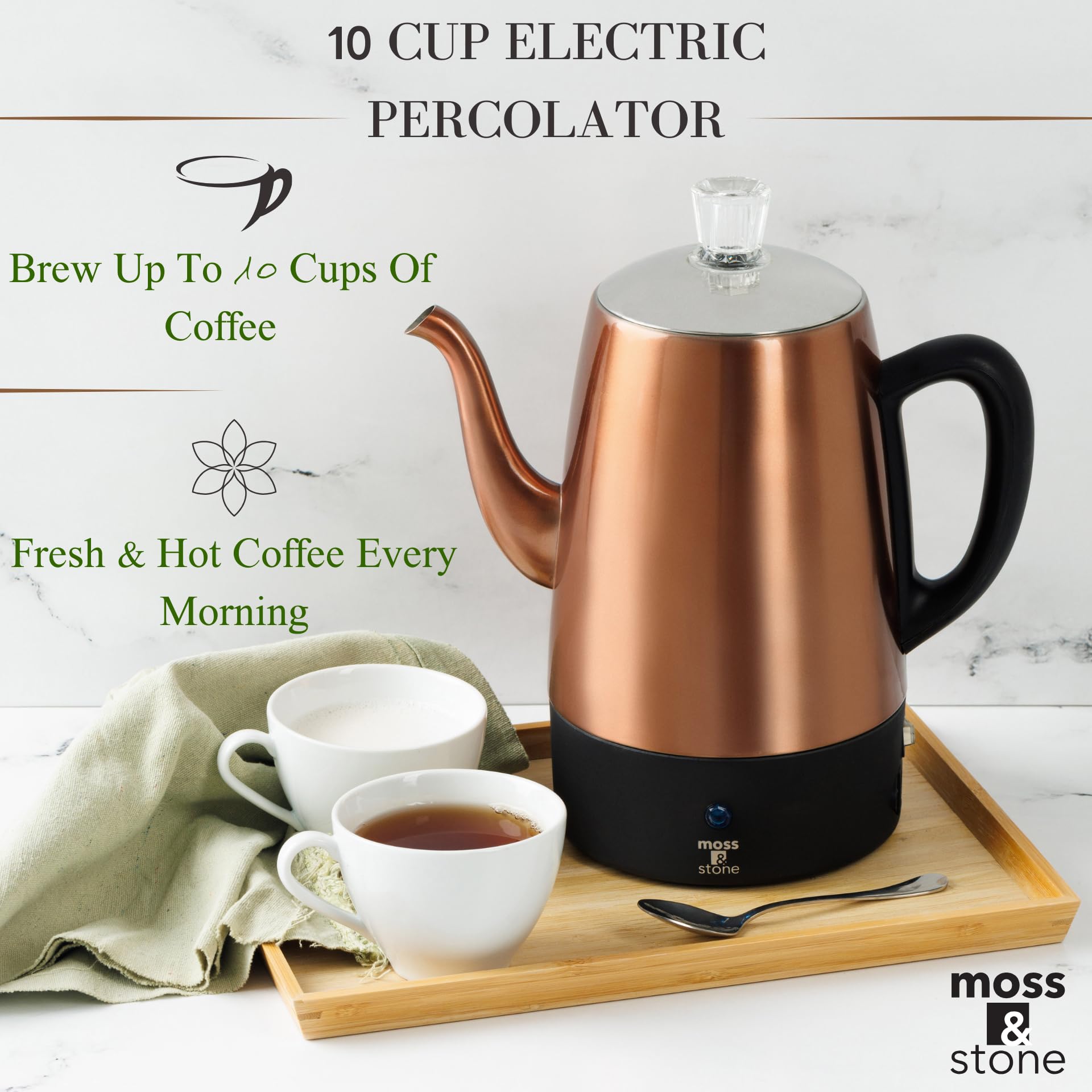 Cafetera eléctrica Moss & Stone de acero inoxidable para 10 tazas, cafetera eléctrica con función de mantener caliente, cafetera eléctrica de acero inoxidable para 10 tazas con cesta para café
