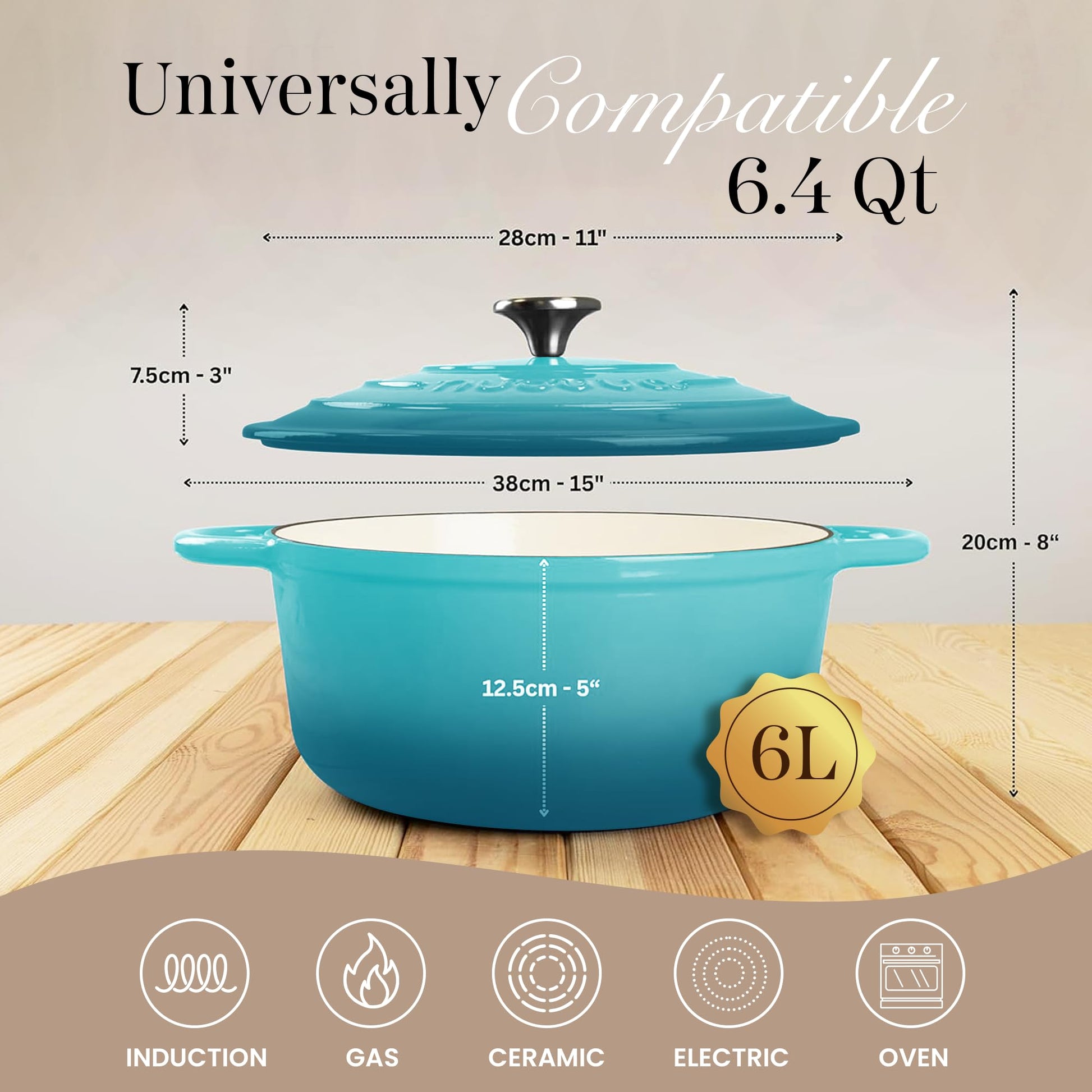 Nuovva - Olla de hierro fundido esmaltado con tapa, olla antiadherente de 6.4 cuartos de galón, resistente y apta para horno hasta 500 °F, para hornear, estofar, asar, 28 cm, color verde azulado