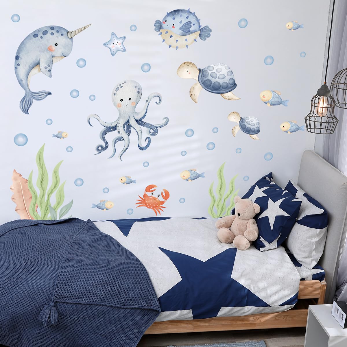 Calcomanía de pared para habitación de los niños, mundo subacuático, acuarela oceánica, océano oastal, hipocampo pulpo, tortuga, pez de tortuga