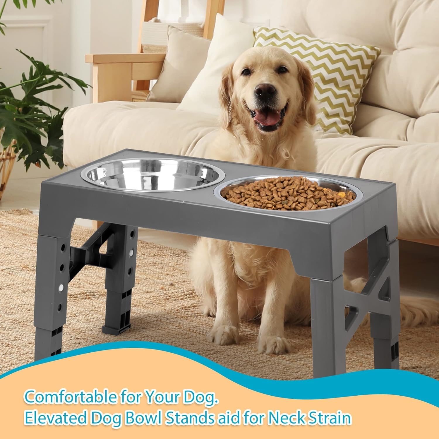 Niubya - Cuencos elevados para Perros con 2 Cuencos de Acero Inoxidable, tazón Elevado para Perros Que se Ajusta a 5 Alturas (3.1 Pulgadas, 8.6 Pulgadas, 9.7 Pulgadas, 11.0 Pulgadas, 12.2 Pulgadas)