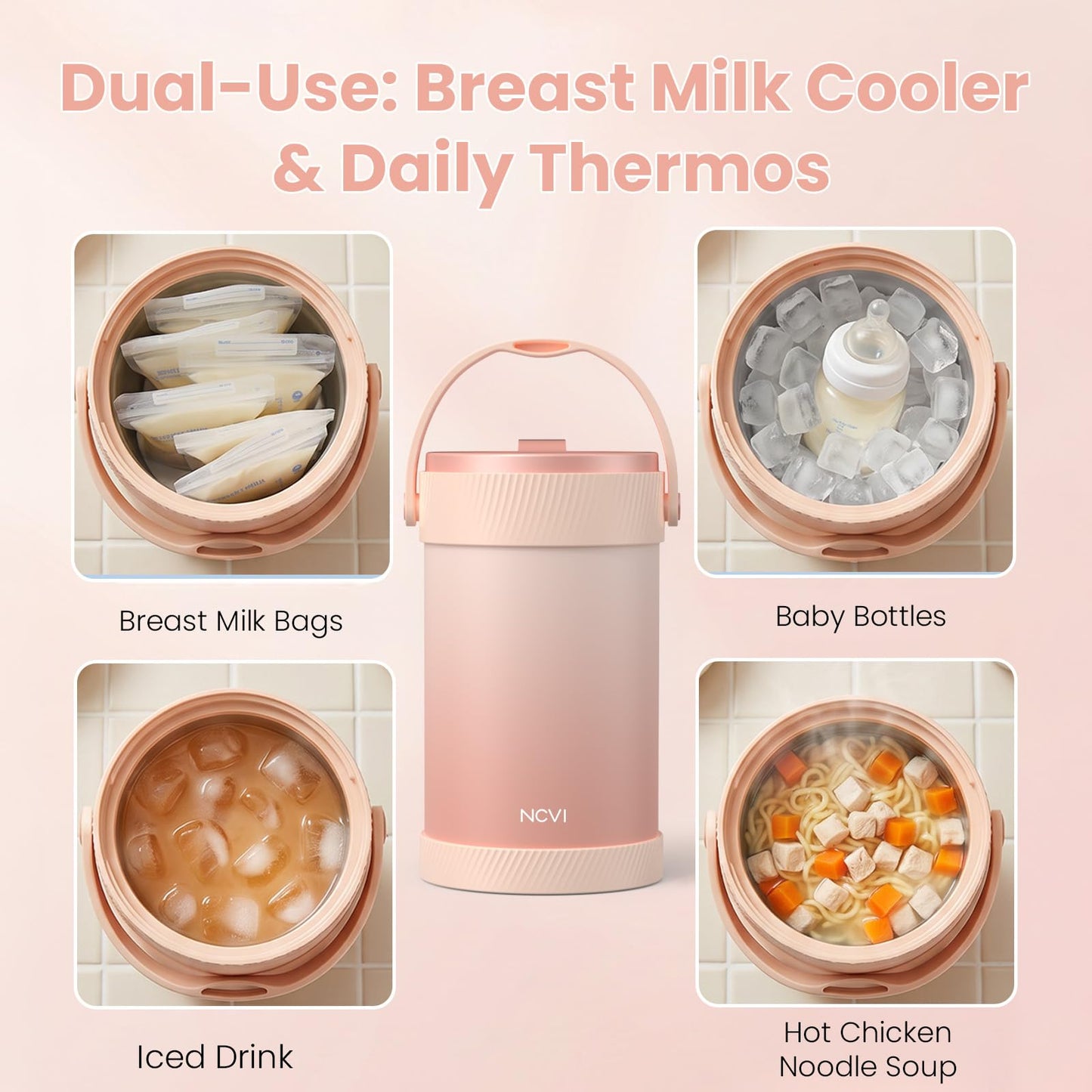 NCVI - Enfriador de leche materna portátil para enfriar leche materna (boca ancha), enfriador de leche para bebés de acero inoxidable para viajes, trabajo, congelador de leche refrigerada con tubo de