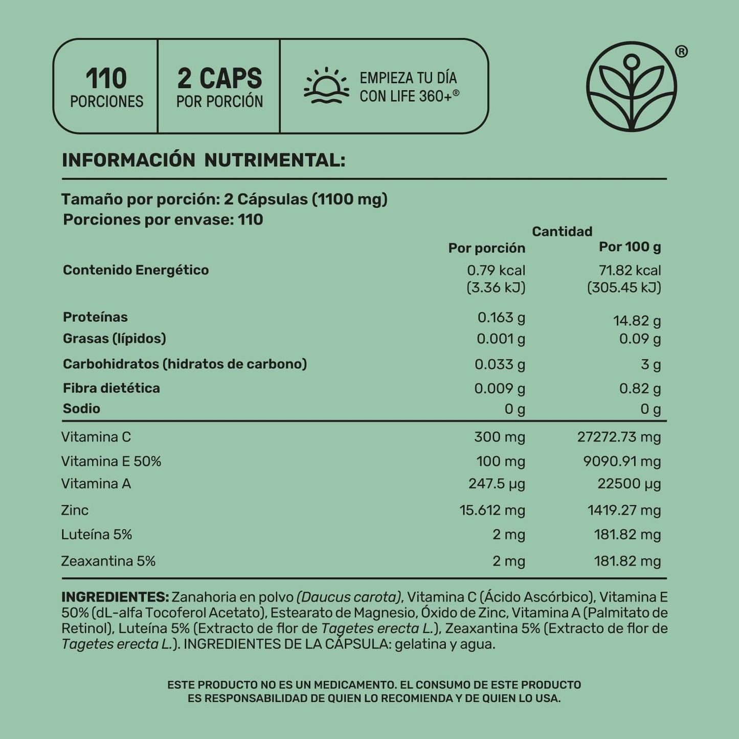 Life 360+ EAGLE VSION BLEND | 220 Cápsulas 1100 mg por porción. Cápsulas a base de zanahoria en polvo, Luteína, Zeaxantina, Vitamina A, C, E y Zinc.