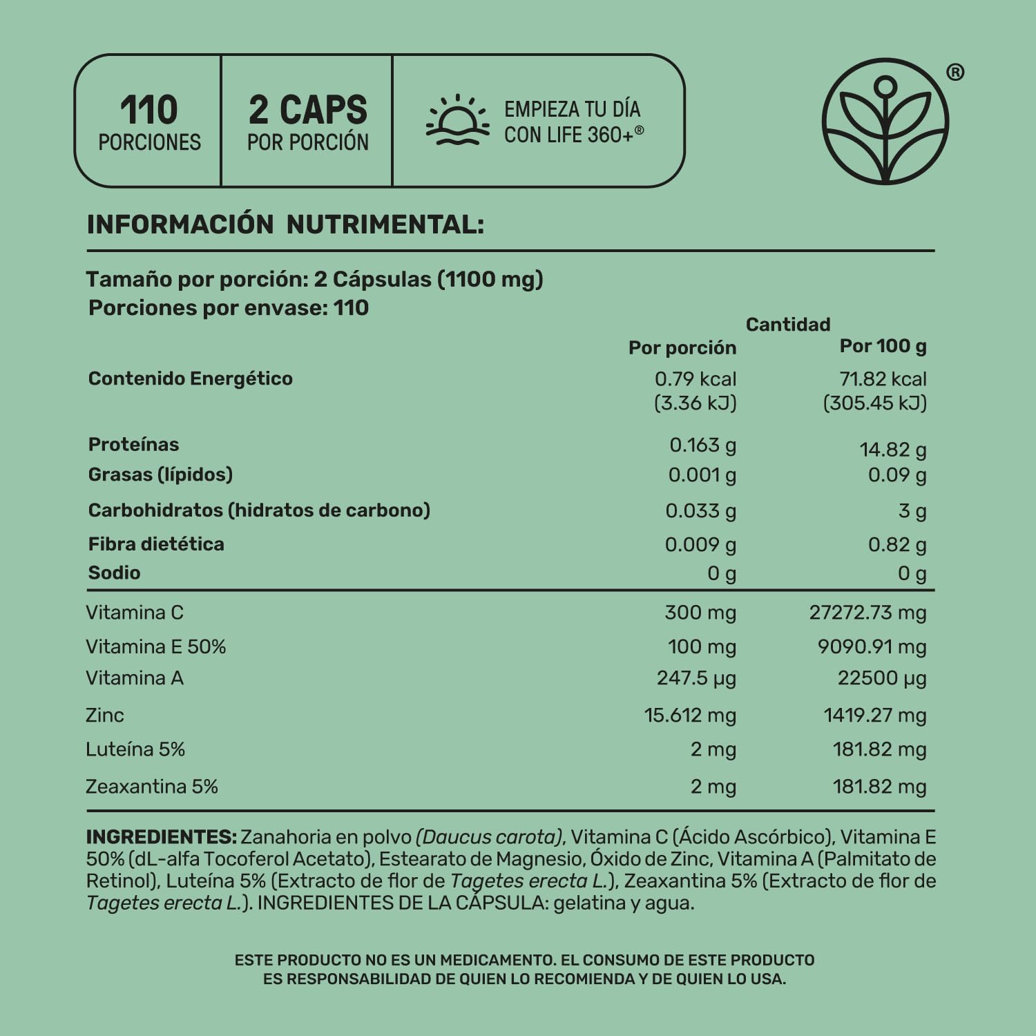 Life 360+ EAGLE VSION BLEND | 220 Cápsulas 1100 mg por porción. Cápsulas a base de zanahoria en polvo, Luteína, Zeaxantina, Vitamina A, C, E y Zinc.