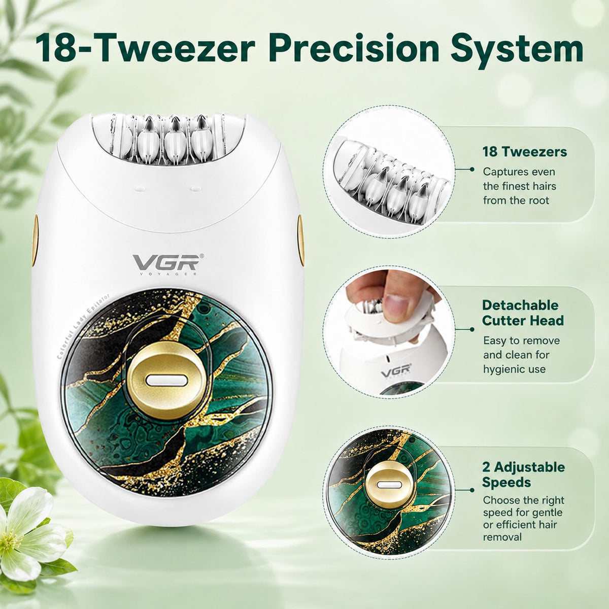VGR706 Depiladora profesional para mujeres, dispositivo portátil inalámbrico de depilación mejorado, funcionamiento suave, diseño silencioso, sistema de 18 pinzas, depiladora recargable de cuerpo (verde)
