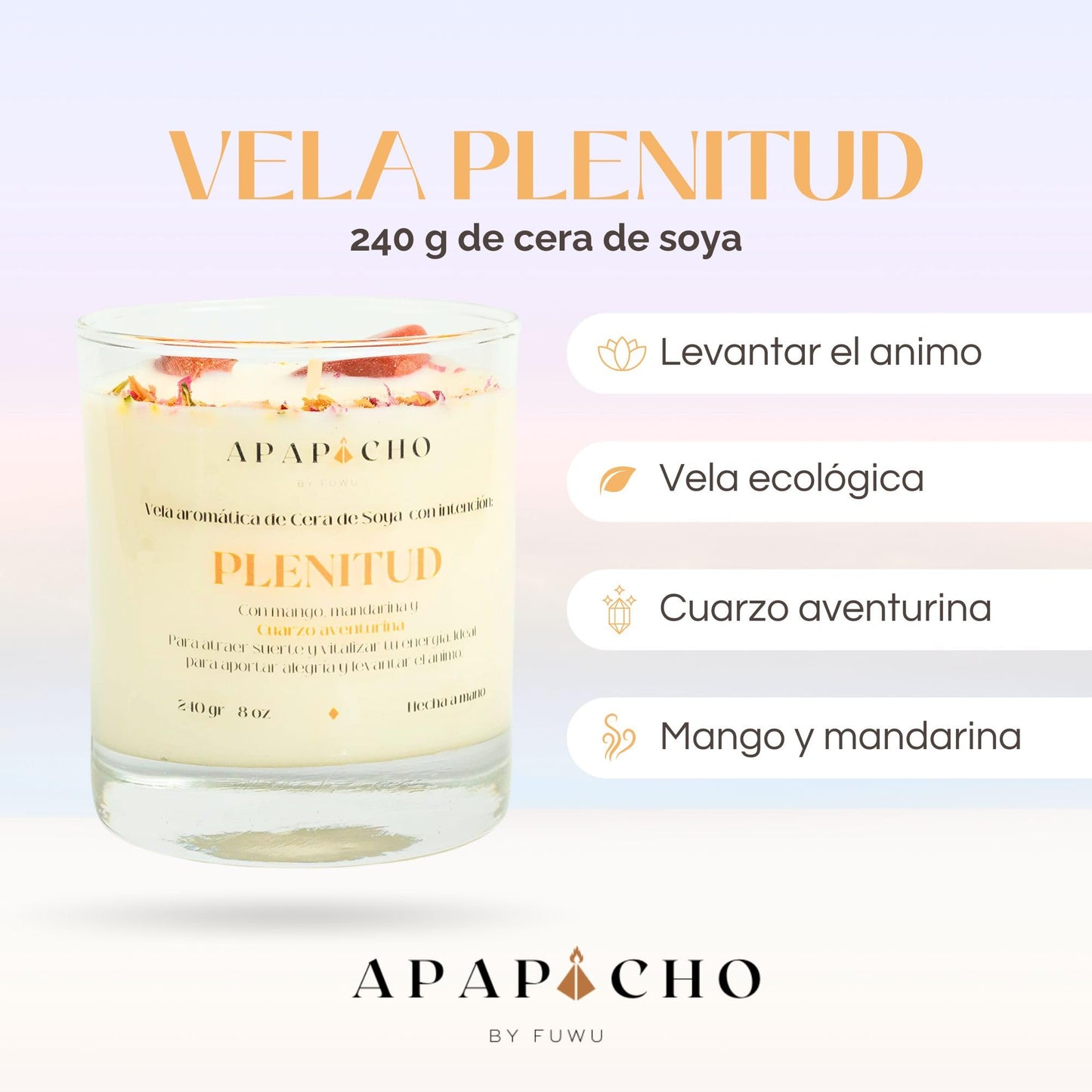 Fuwu, velas aromaticas relajantes de cera de soya con cuarzos naturales, velas decorativas hechas a mano con hierbas de olor, aromatizantes para hogar, velas aromaticas (Mandarina con Mango)