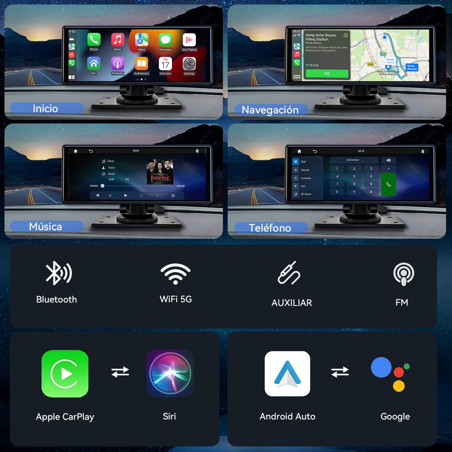 LINGLUCKY 10.26" Autoestéreo para Carro Portátil con Dashcam 2K，CarPlay Inalámbrico, Android Auto, WiFi, GPS, Bluetooth, Mirror Link y Cámara Trasera, Compatible con Todos los Vehículos