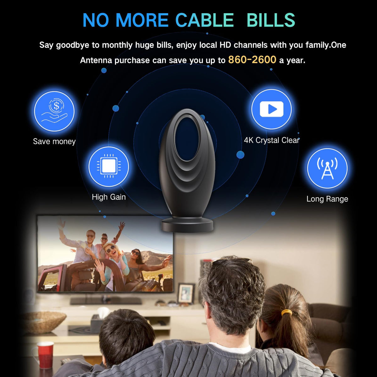 Antena de TV Digital 2026 para Smart TV y TV Antigua Negro con Señal 360° para el Hogar y RV