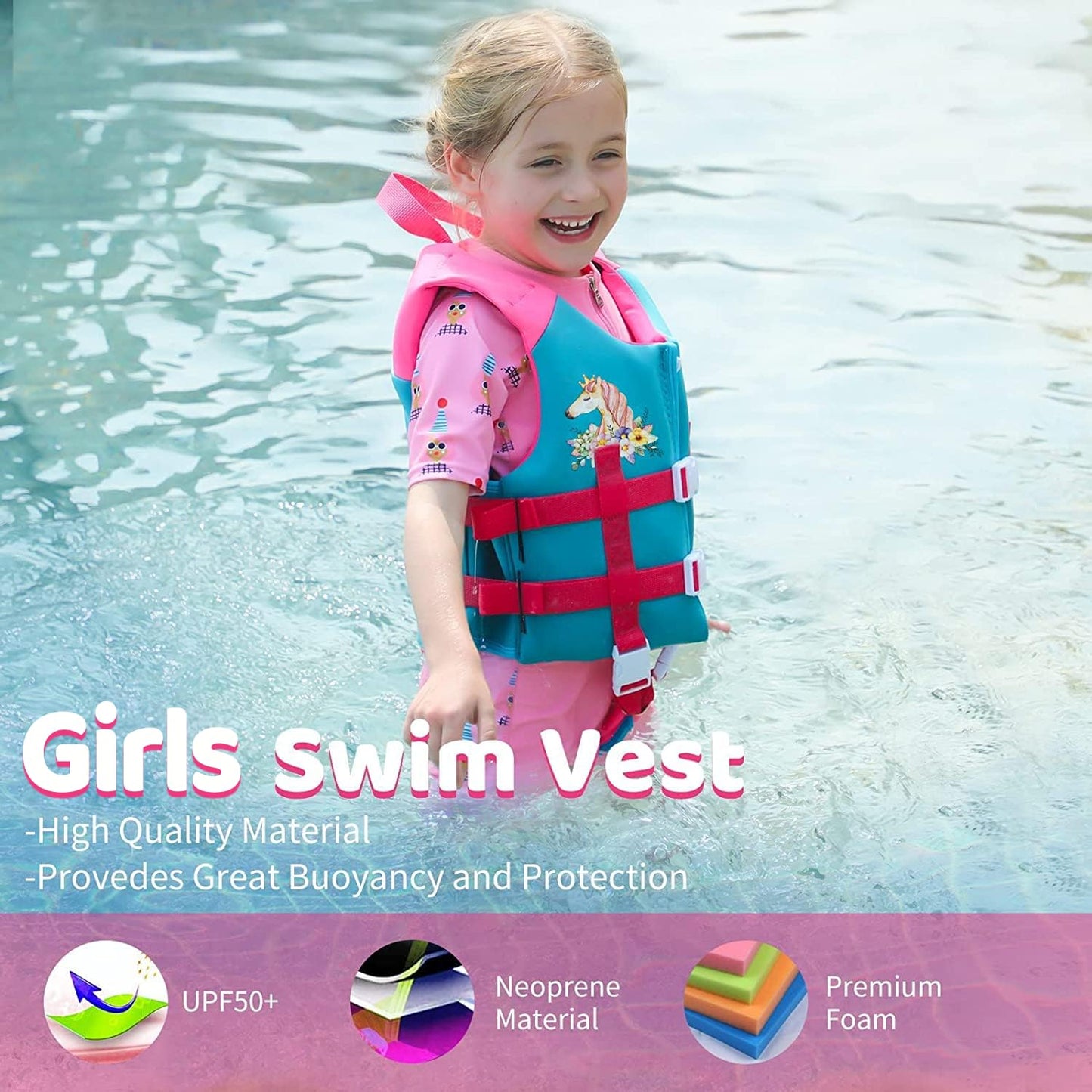 Gogokids - Chaleco de natación para niños pequeños, chamarra flotante para niñas y niños de 20-30-40-50 libras, flotadores de natación con correa de seguridad ajustable Duel, para niños de 2-9 años