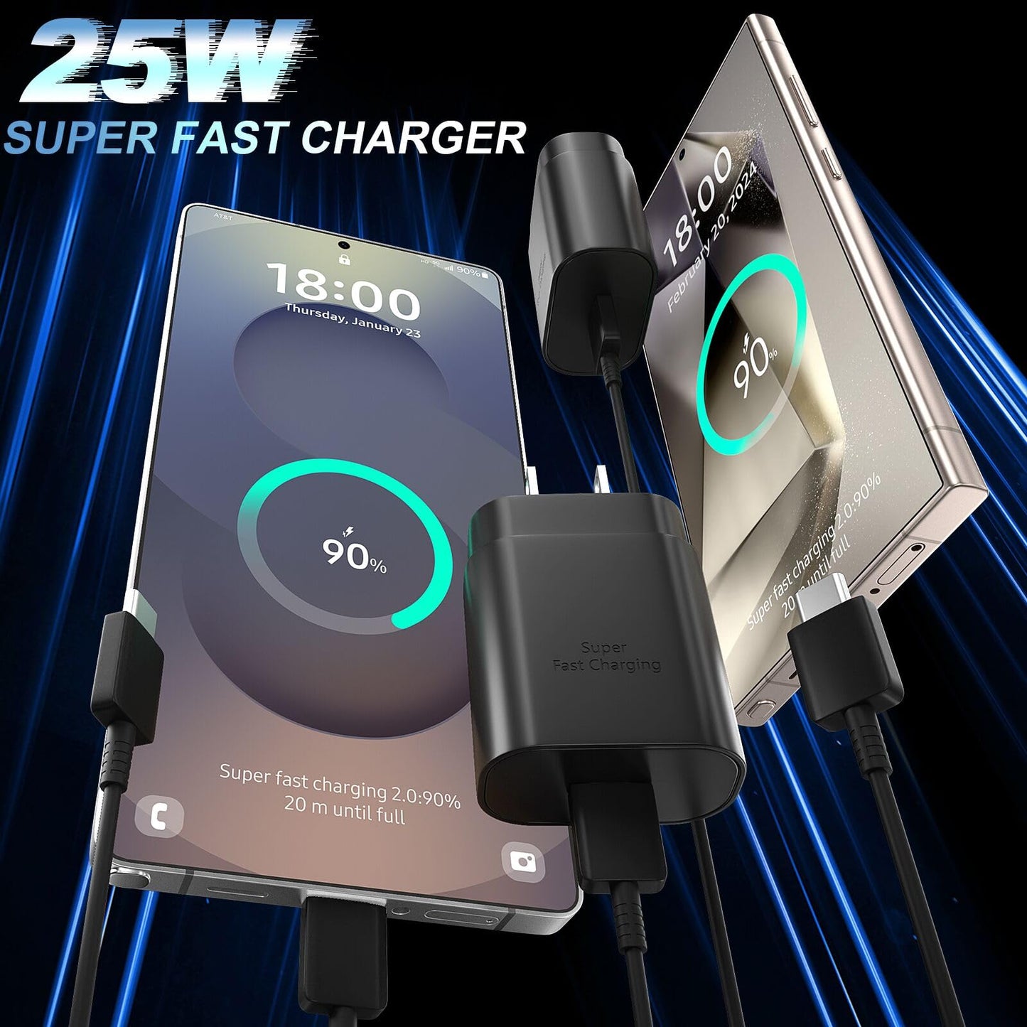 Cargador rápido USB C Tipo C de 25 W, Carga súper rápida, Cargador de teléfono Android con Cable de 6.5 pies para Galaxy S23 Ultra/S23/S23+/S22/S22 Ultra/S22+/S21