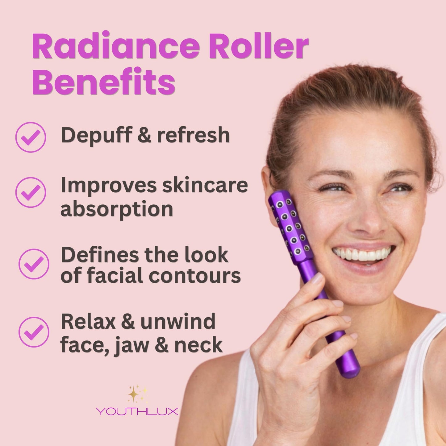 YOUTHLAB Radiance Roller - Germanium Stone Uplifting Face Massage Beauty Roller/Tool for Skin Tightening/Firming, De-Puffing, Anti-Aging and Tension Relief (Purple and Rose Gold)
